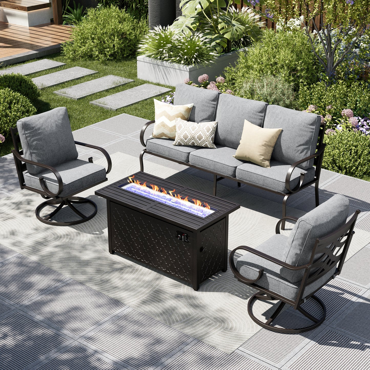 Captiva Designs 4pc Extra Large Metal Pattern-back Outdoor Patio Conversation Set with Fire Pit Table