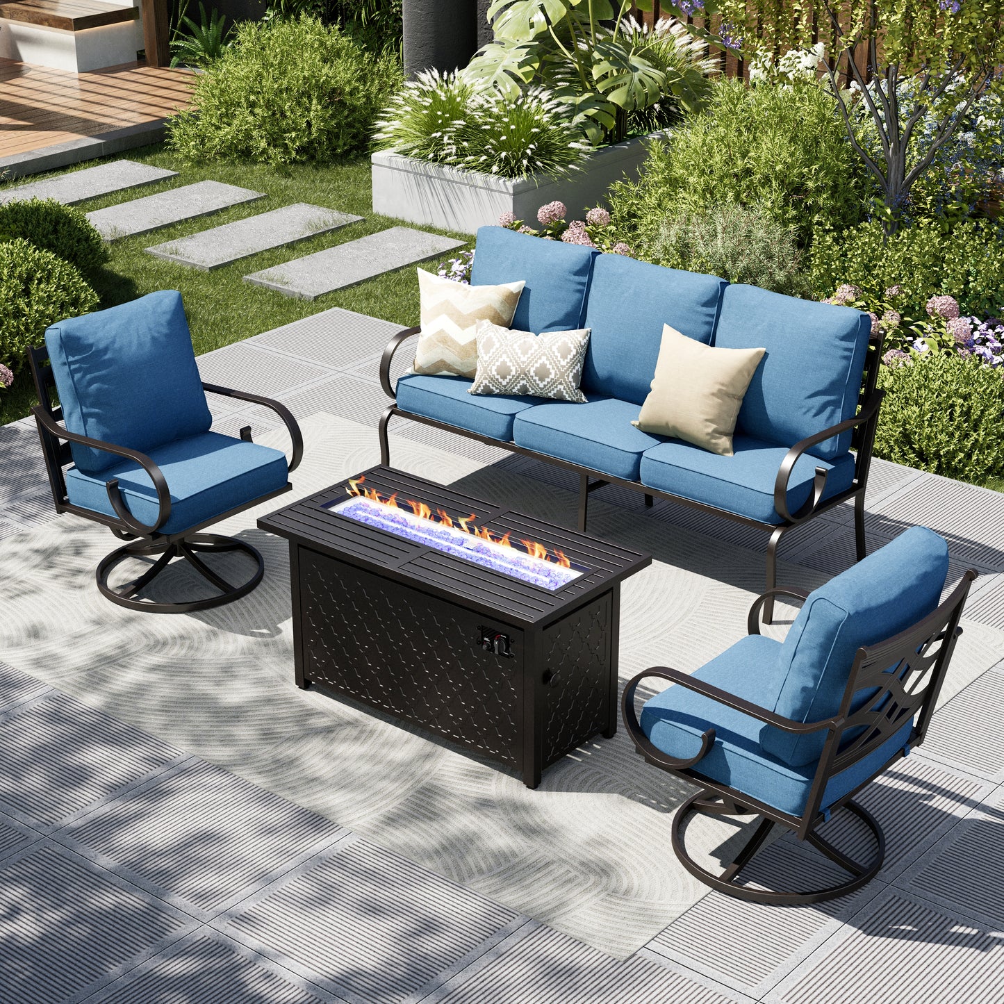 Captiva Designs 4pc Extra Large Metal Pattern-back Outdoor Patio Conversation Set with Fire Pit Table
