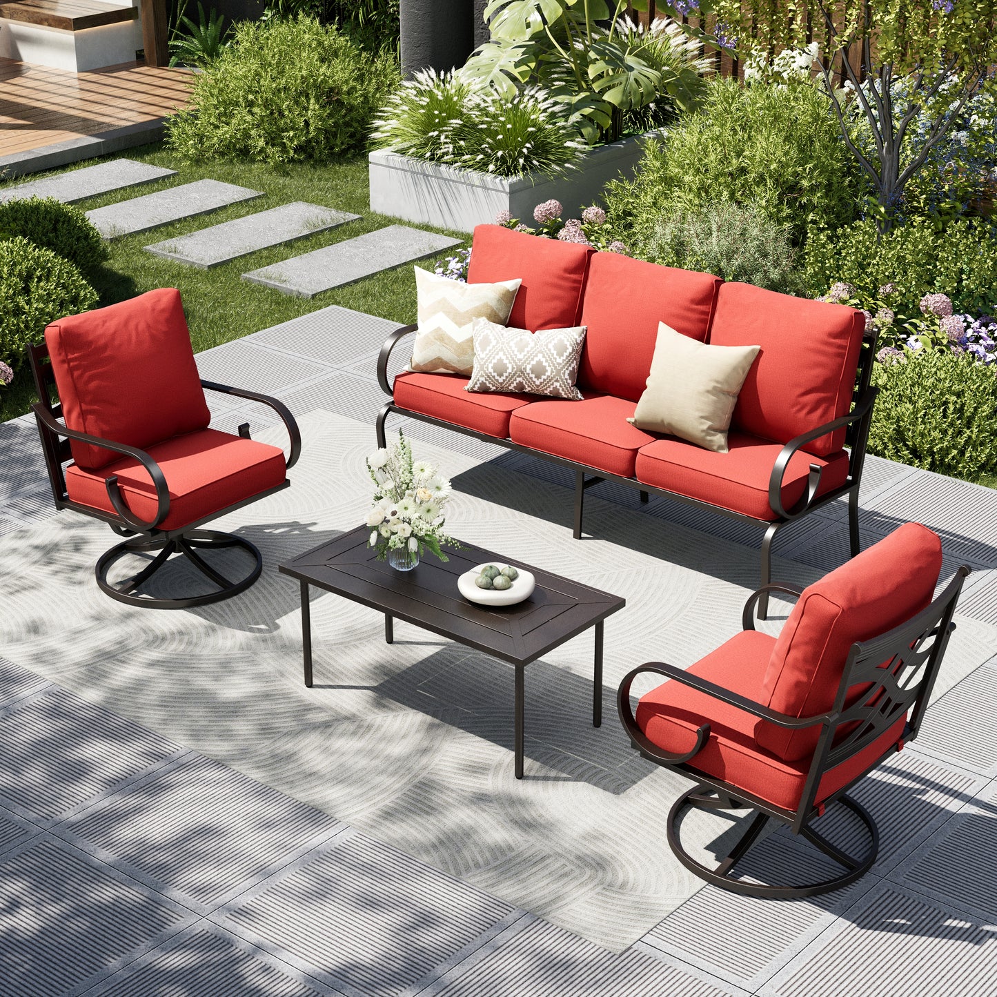 Captiva Designs 4pc Extra Large Metal Pattern-back Outdoor Patio Conversation Set with Coffee Table
