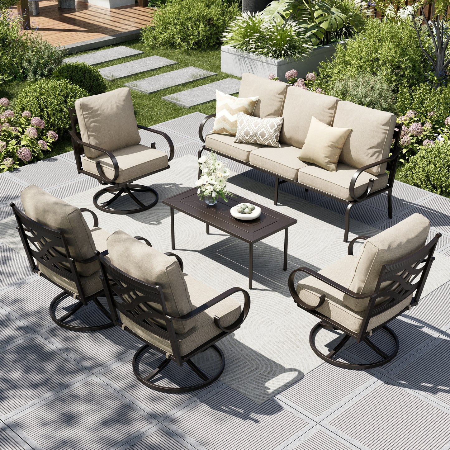 Captiva Designs 6pc Extra Large Metal Pattern-back Outdoor Patio Conversation Set with Coffee Table