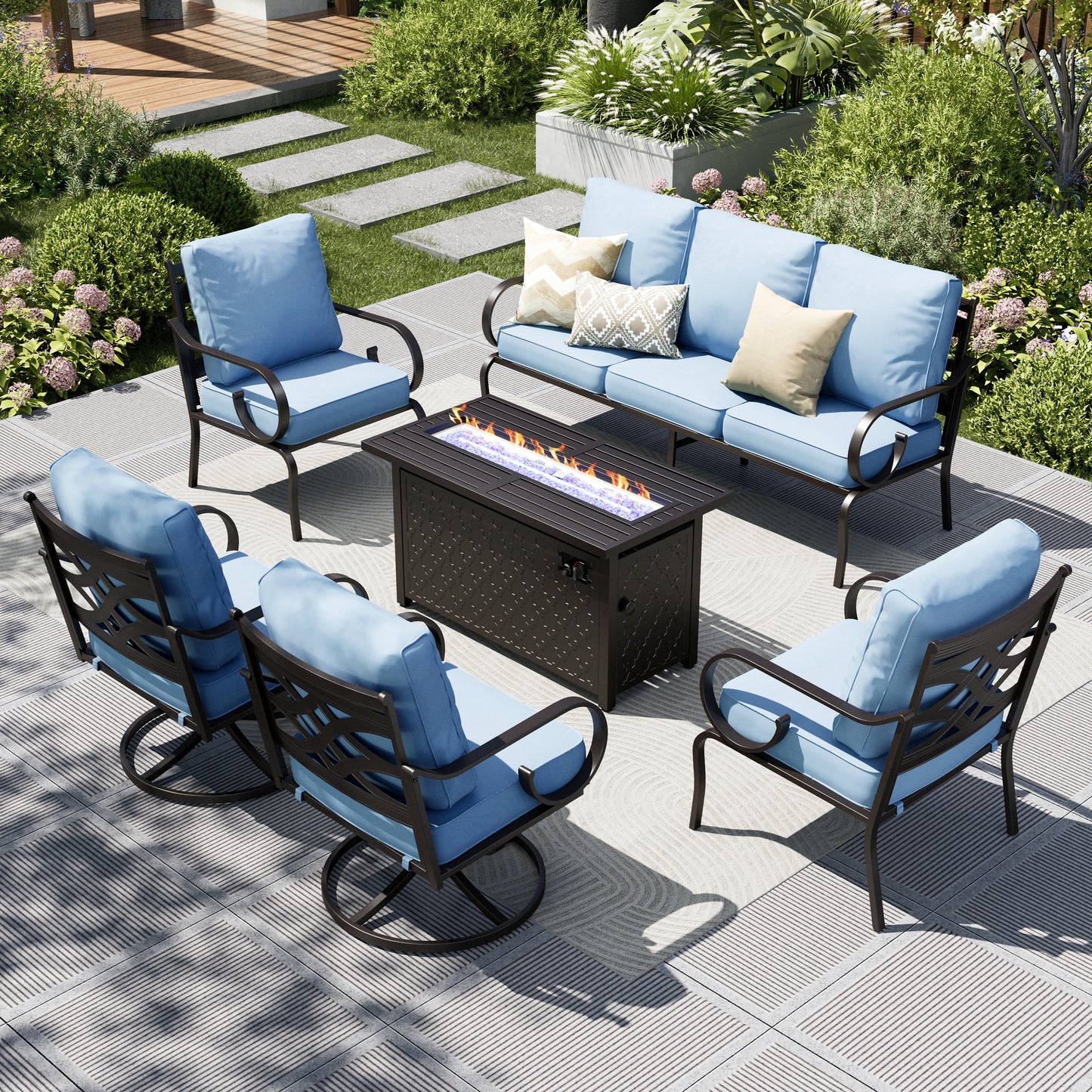 Captiva Designs 6pc Extra Large Metal Pattern-back Outdoor Patio Conversation Set with Fire Pit Table