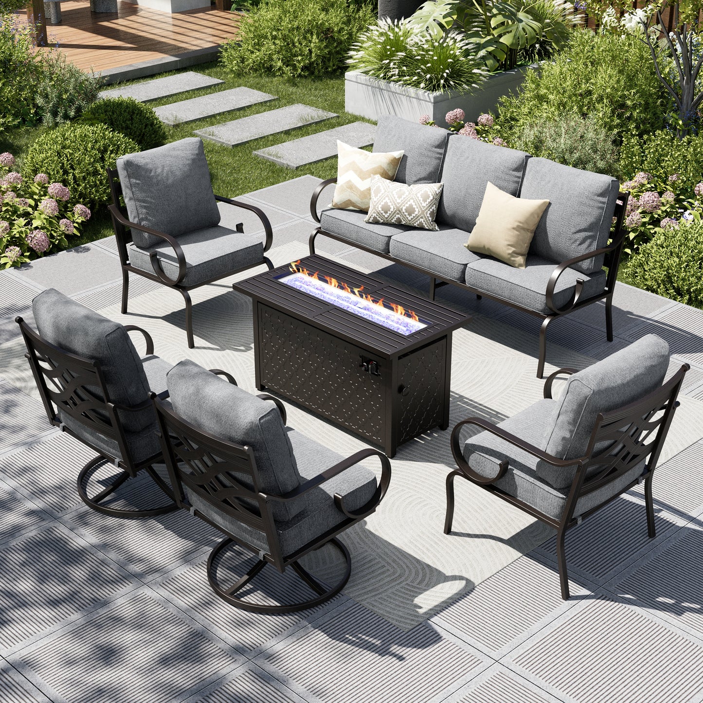 Captiva Designs 6pc Extra Large Metal Pattern-back Outdoor Patio Conversation Set with Fire Pit Table