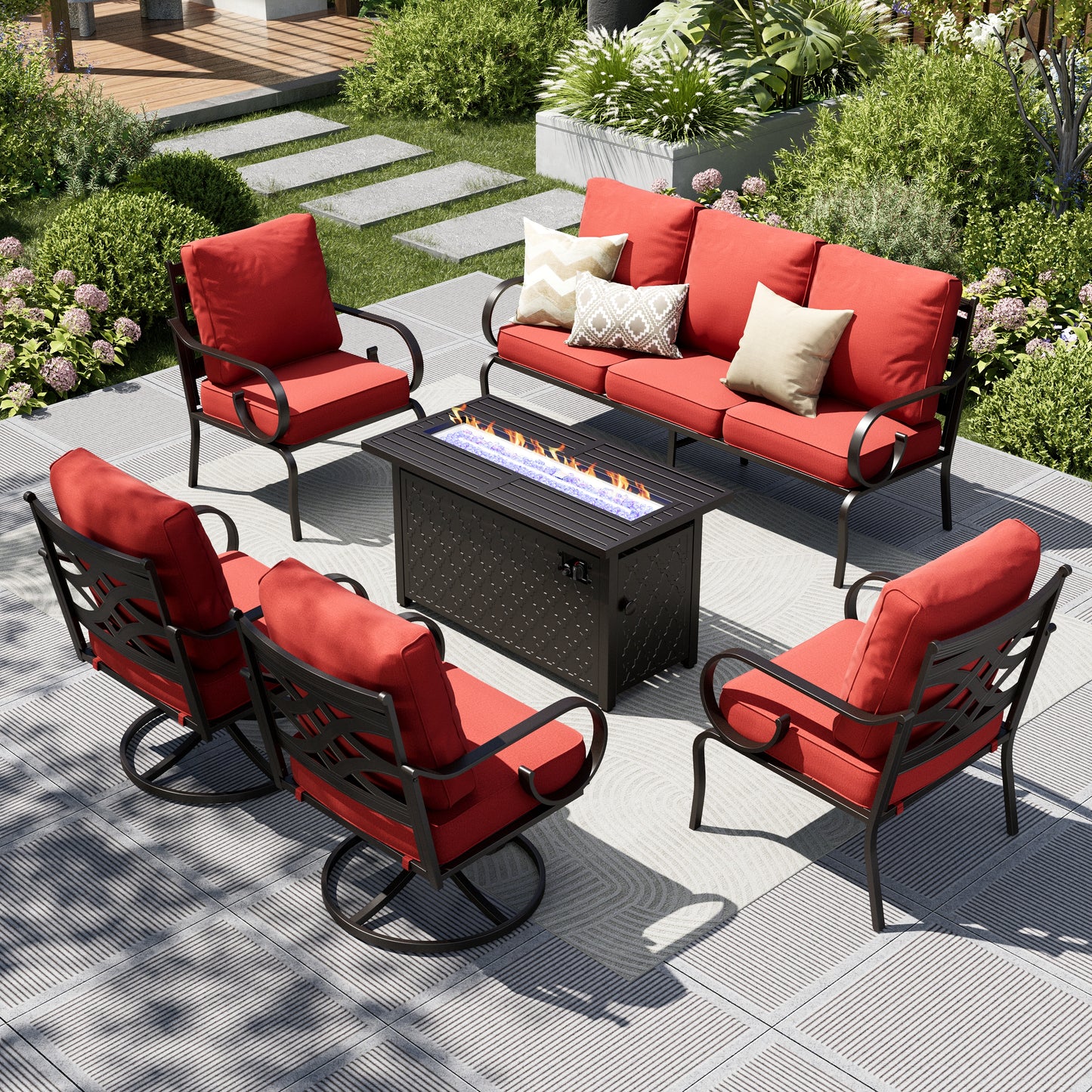 Captiva Designs 6pc Extra Large Metal Pattern-back Outdoor Patio Conversation Set with Fire Pit Table