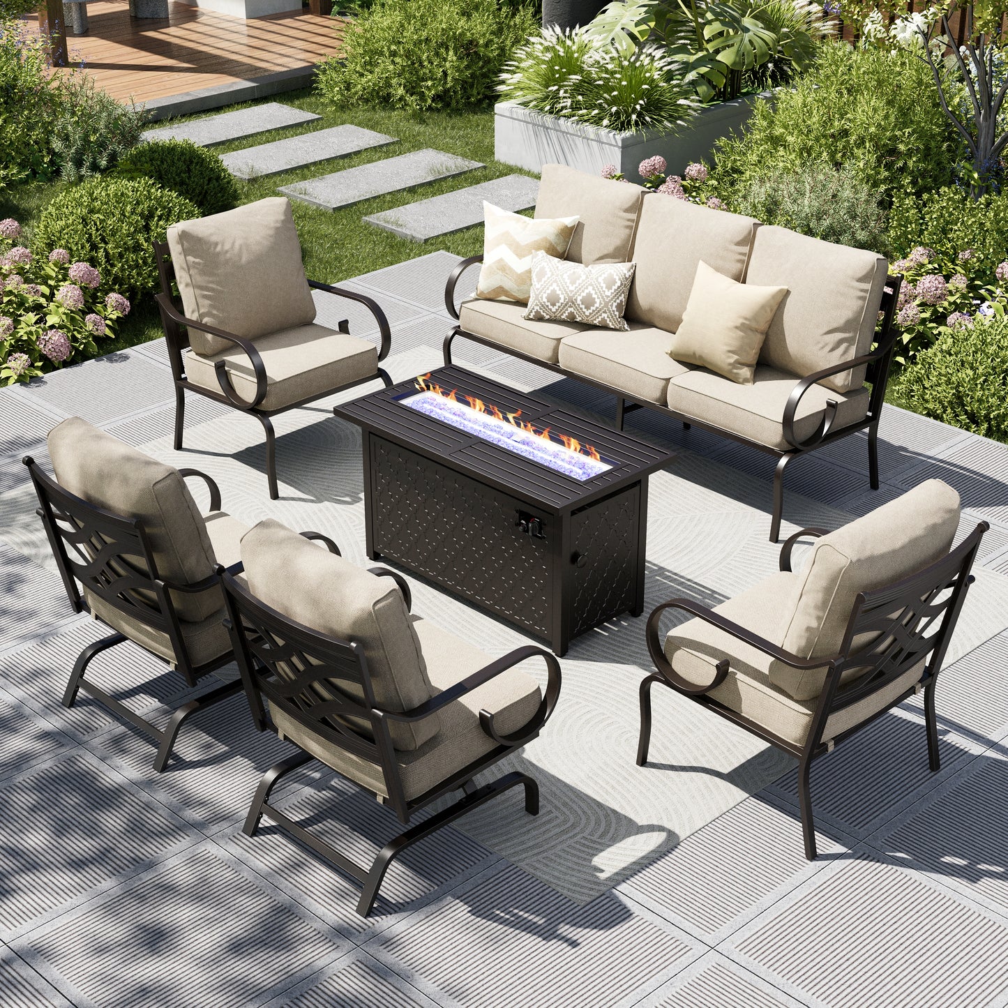 Captiva Designs 6pc Extra Large Metal Pattern-back Outdoor Patio Conversation Set with Fire Pit Table