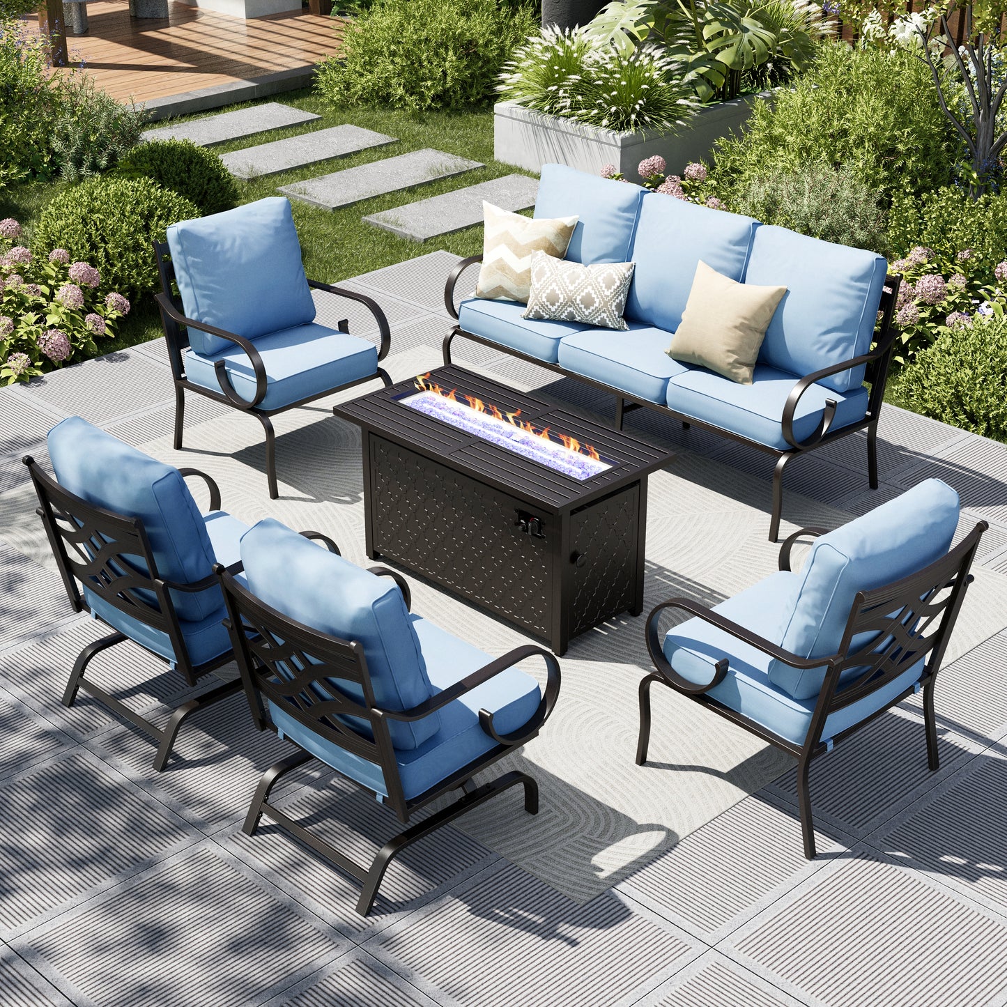 Captiva Designs 6pc Extra Large Metal Pattern-back Outdoor Patio Conversation Set with Fire Pit Table
