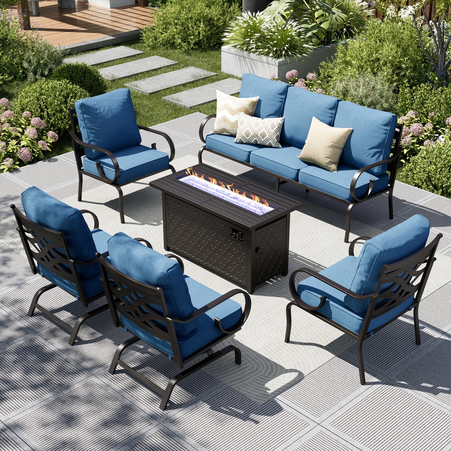 Captiva Designs 6pc Extra Large Metal Pattern-back Outdoor Patio Conversation Set with Fire Pit Table