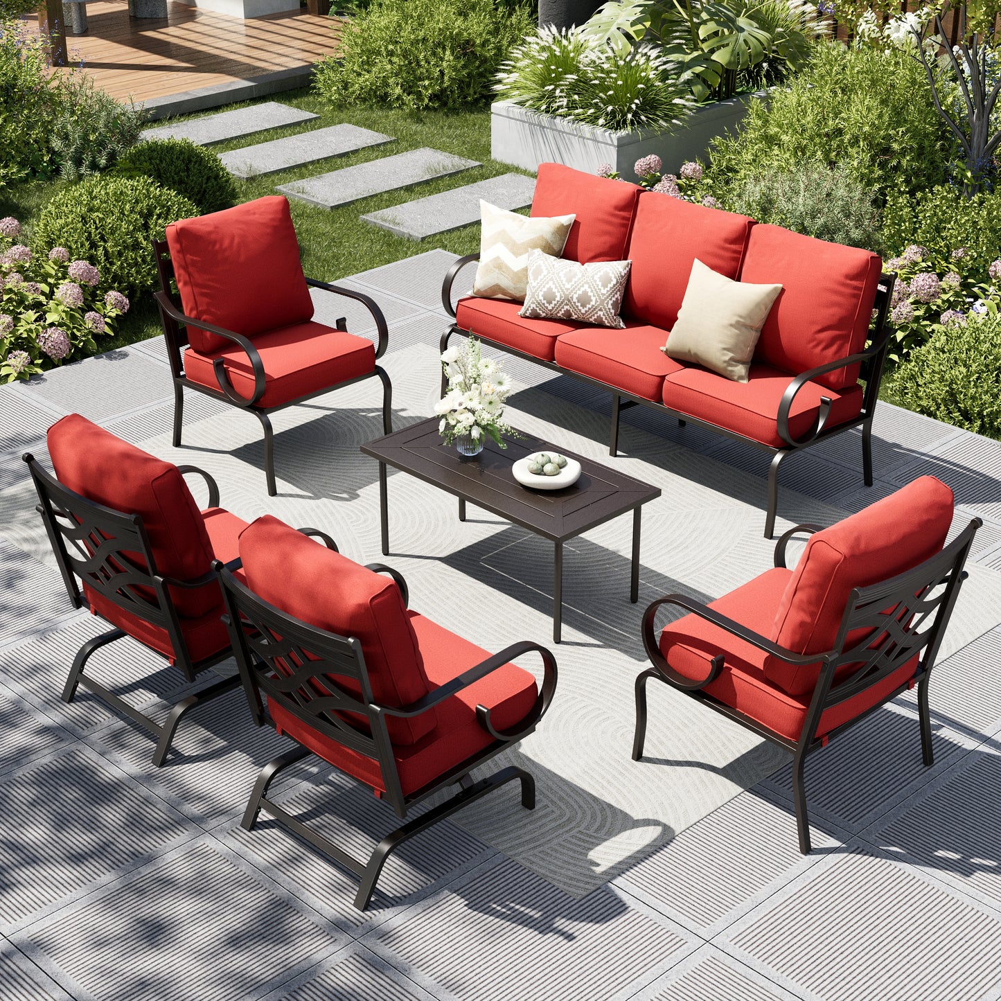 Captiva Designs 6pc Extra Large Metal Pattern-back Outdoor Patio Conversation Set with Coffee Table