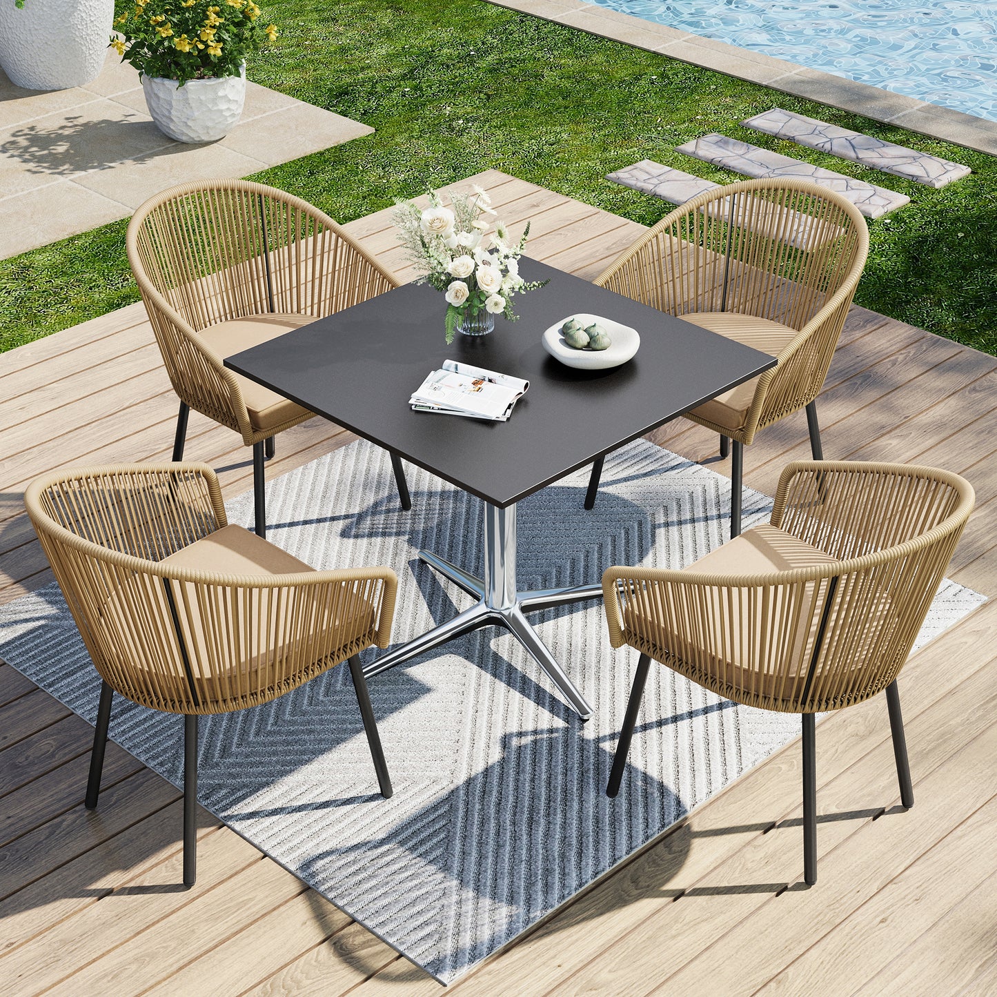 Captiva Designs 4pc Outdoor Patio Woven Pull Cord Back Dining Chairs with Seat Cushion