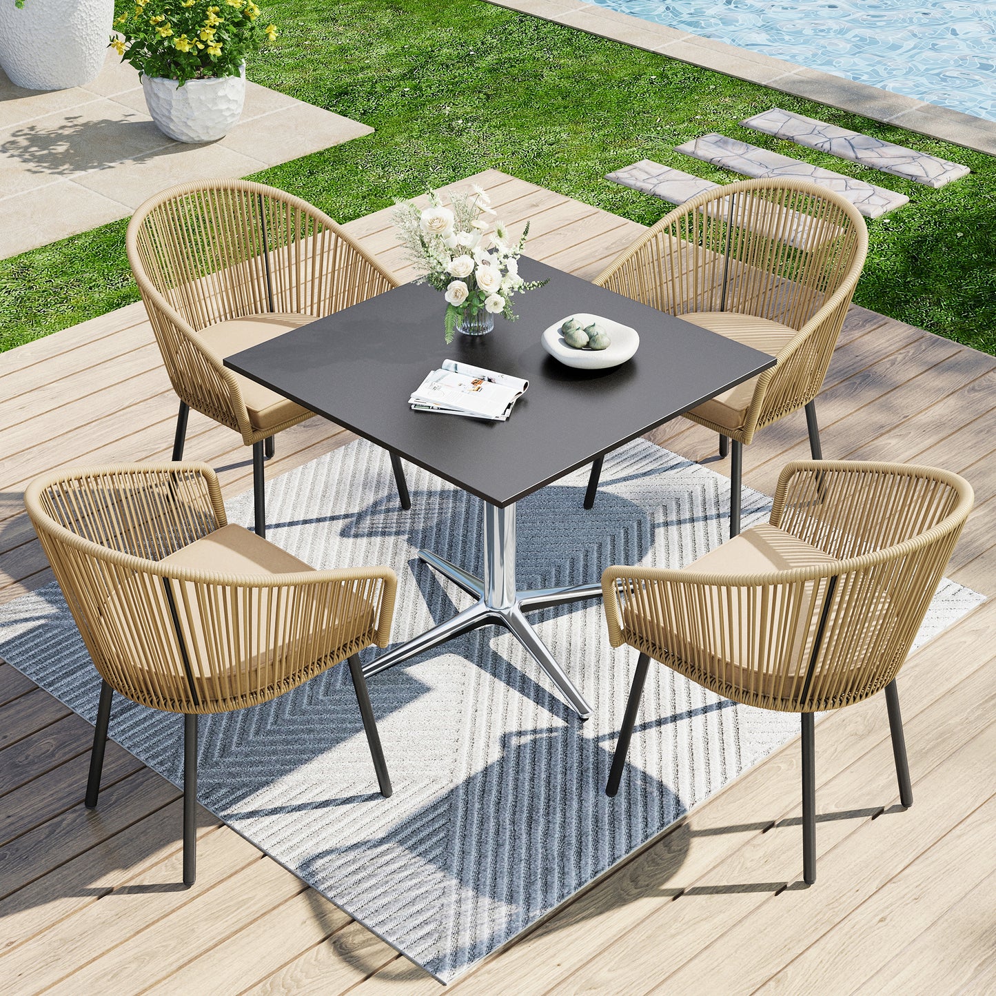Captiva Designs 5pc Patio Dining Table with  X-Shaped Legs & Woven Pull Cord Back with Seat Cushion