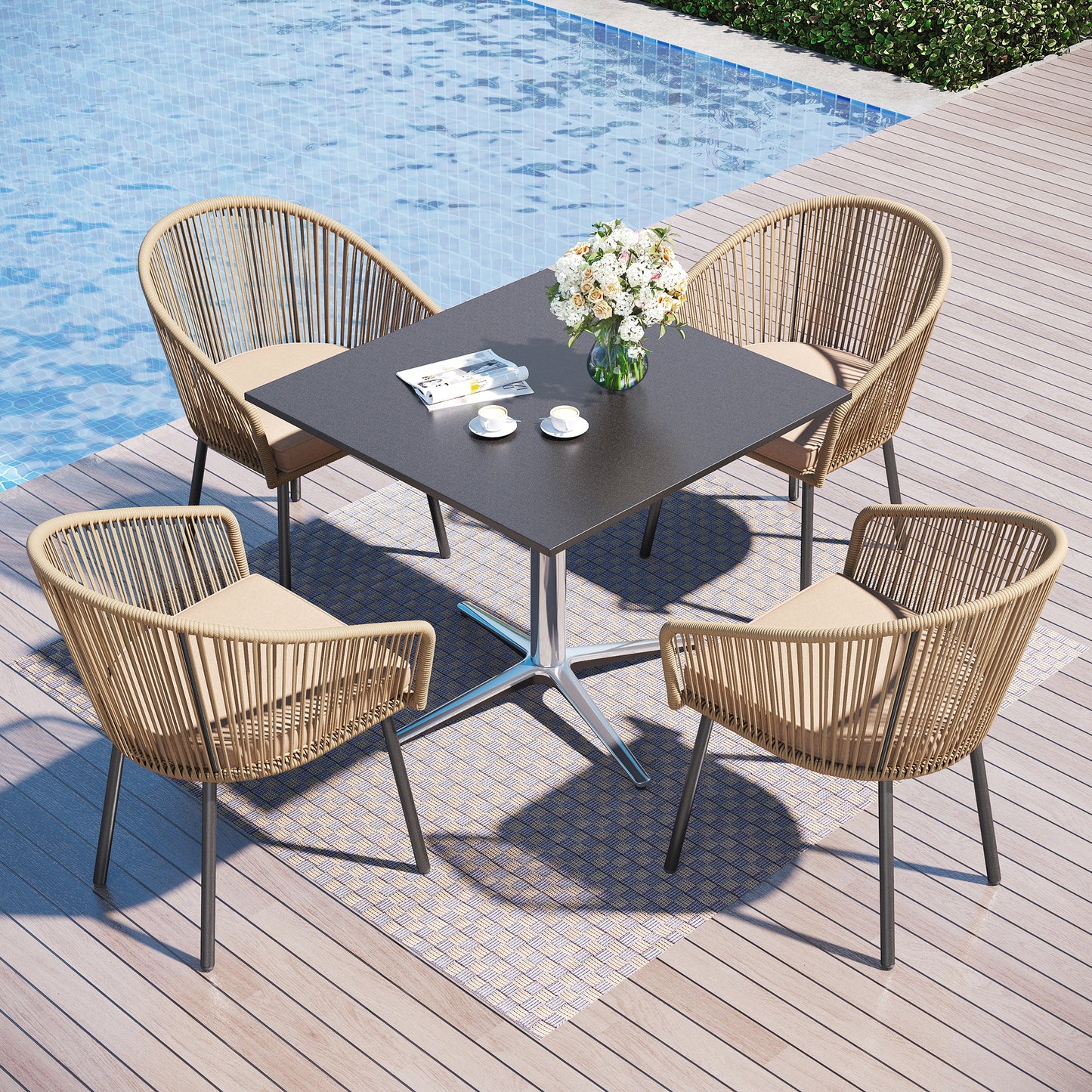 Captiva Designs 4pc Outdoor Patio Woven Pull Cord Back Dining Chairs with Seat Cushion