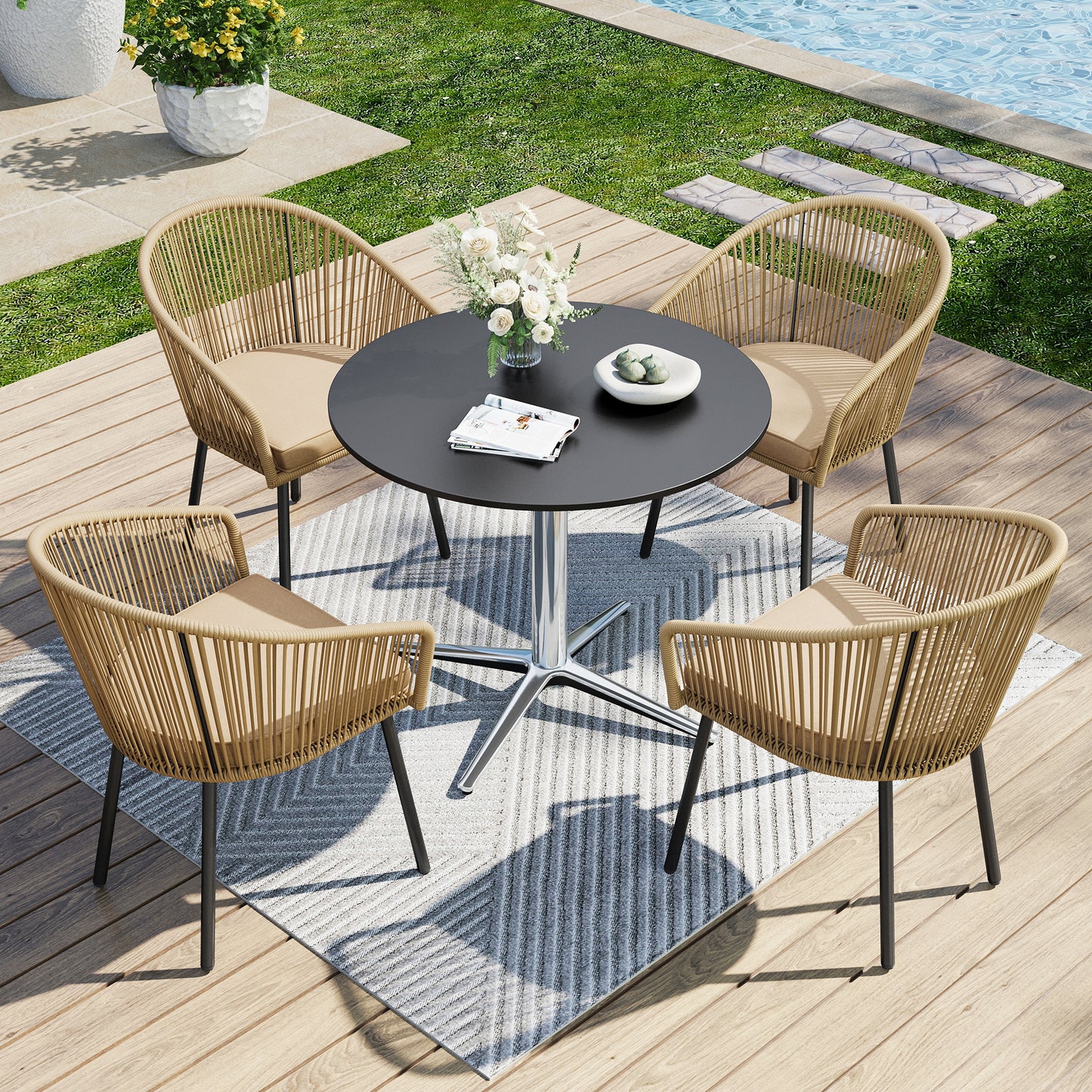 Captiva Designs 4pc Outdoor Patio Woven Pull Cord Back Dining Chairs with Seat Cushion