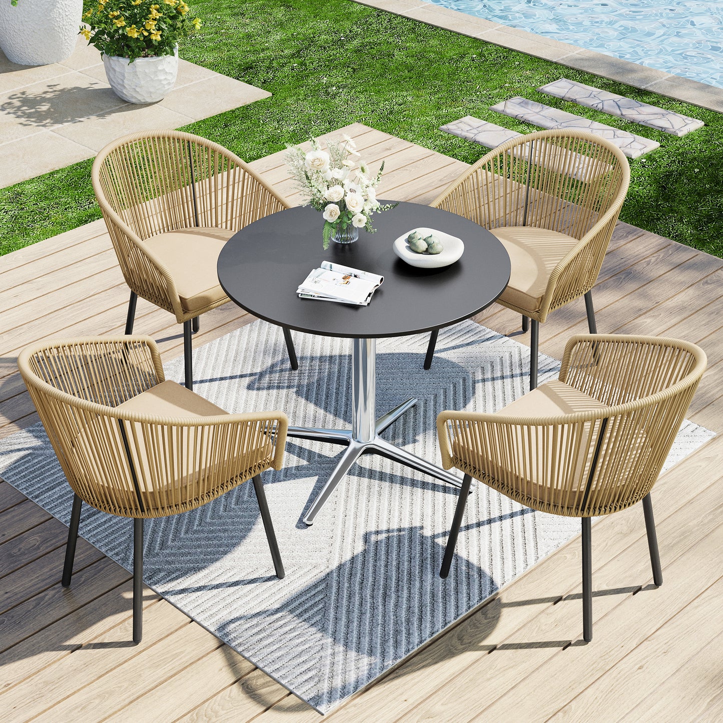 Captiva Designs 4pc Outdoor Patio Woven Pull Cord Back Dining Chairs with Seat Cushion