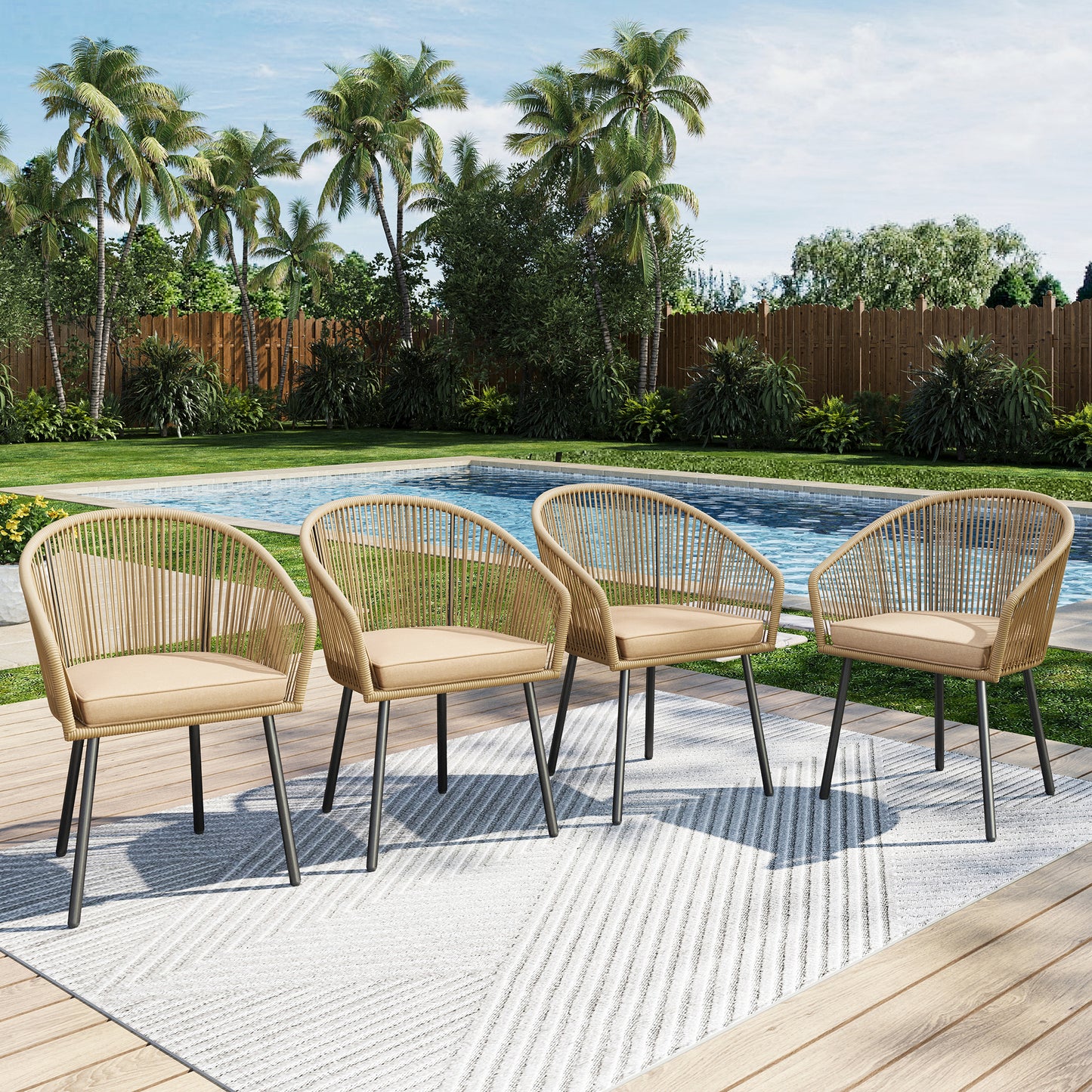 Captiva Designs 4pc Outdoor Patio Woven Pull Cord Back Dining Chairs with Seat Cushion