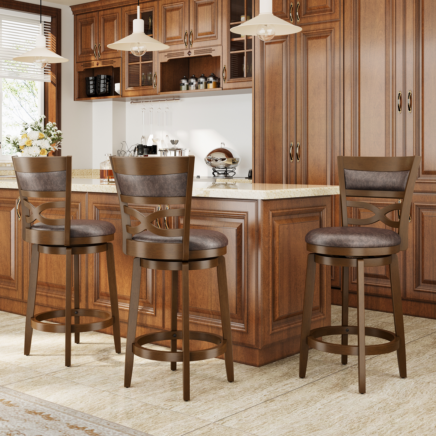 Captiva Designs Counter & Bar Height Swivel Bar Stools with Faux Leather Upholstered Seat & Rubberwood Frame & Wrap-Around Footrest