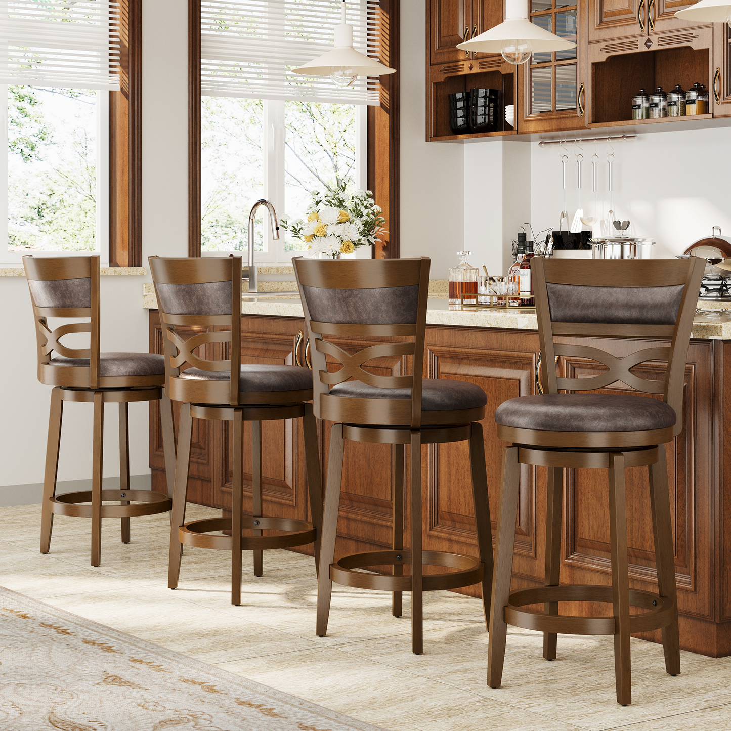 Captiva Designs Counter & Bar Height Swivel Bar Stools with Faux Leather Upholstered Seat & Rubberwood Frame & Wrap-Around Footrest
