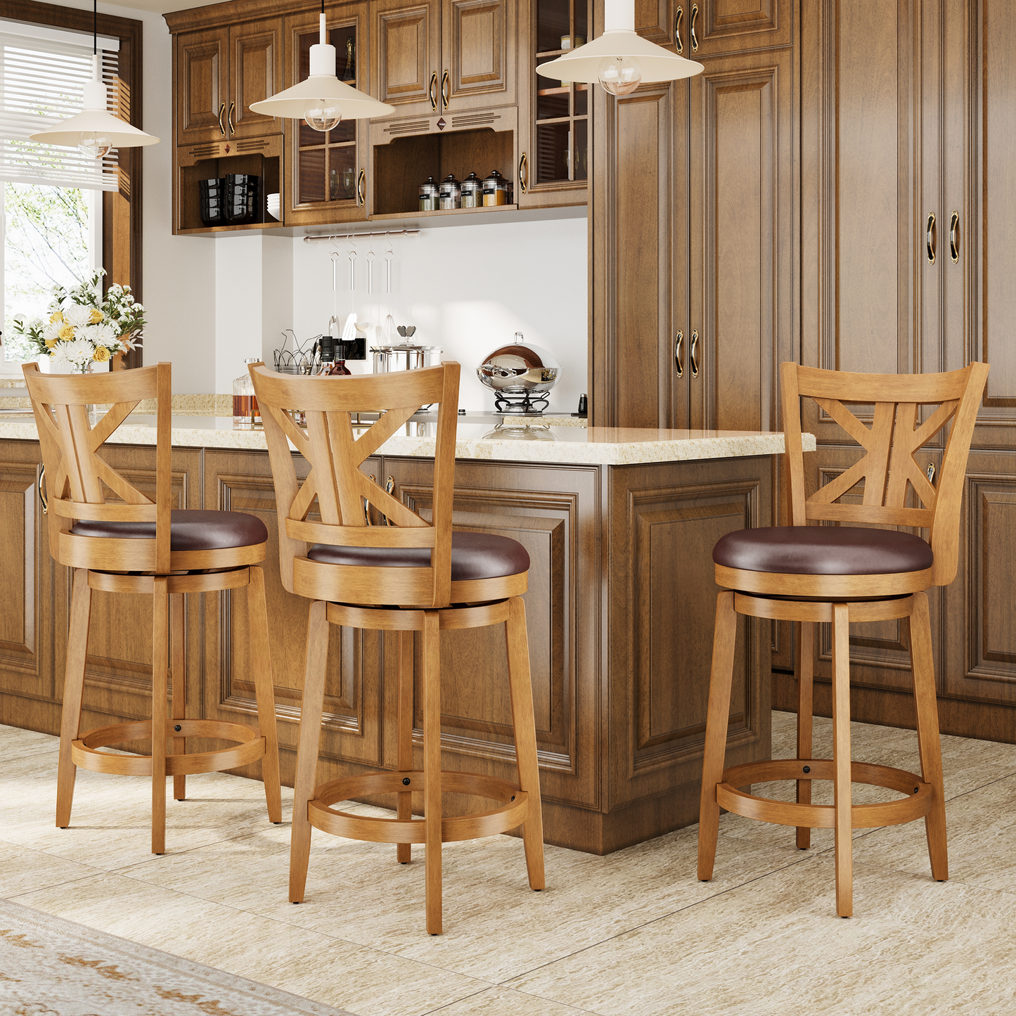 Captiva Designs Counter & Bar Height Swivel Bar Stools with Faux Leather Upholstered Seat & Rubberwood Frame & Wrap-Around Footrest