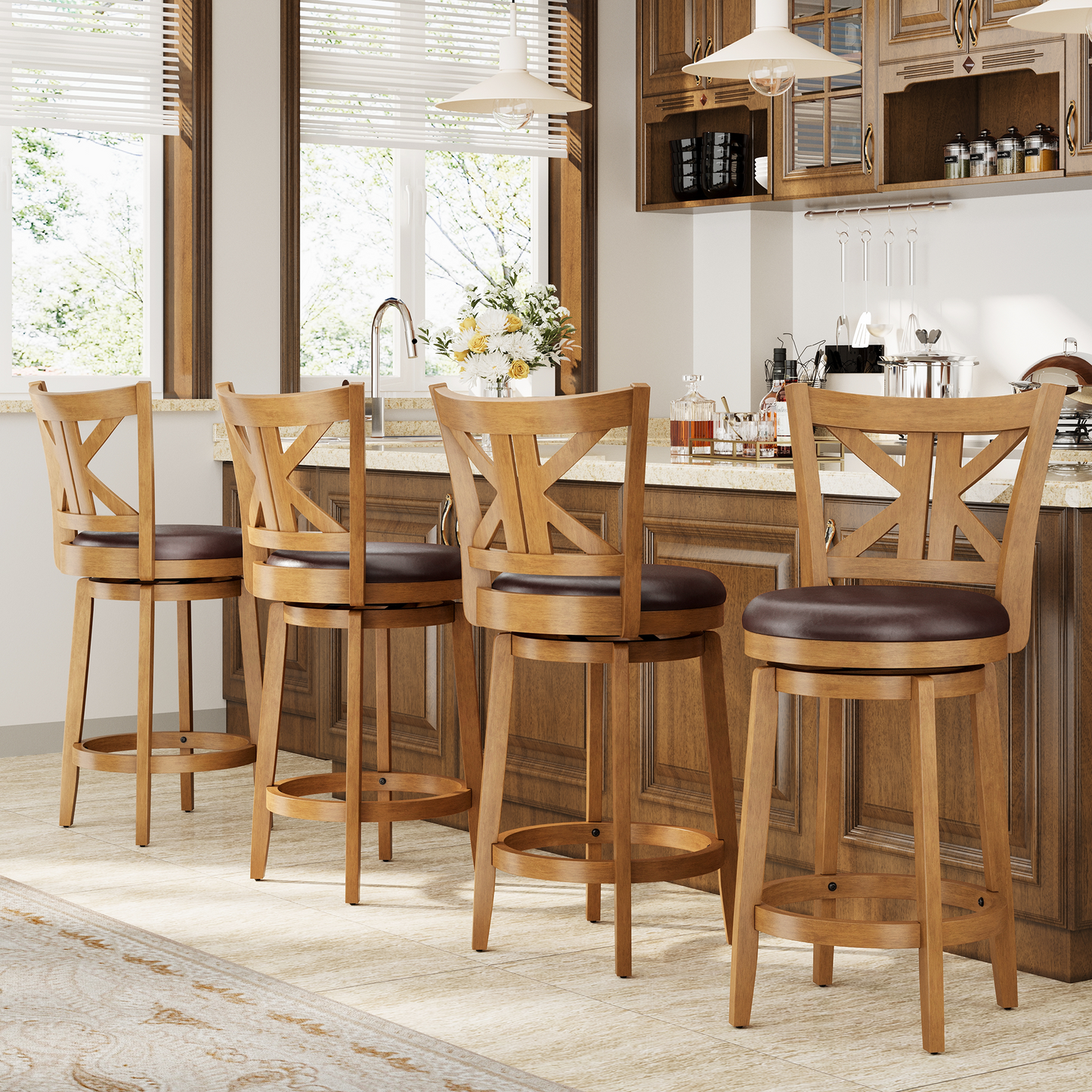 Captiva Designs Counter & Bar Height Swivel Bar Stools with Faux Leather Upholstered Seat & Rubberwood Frame & Wrap-Around Footrest