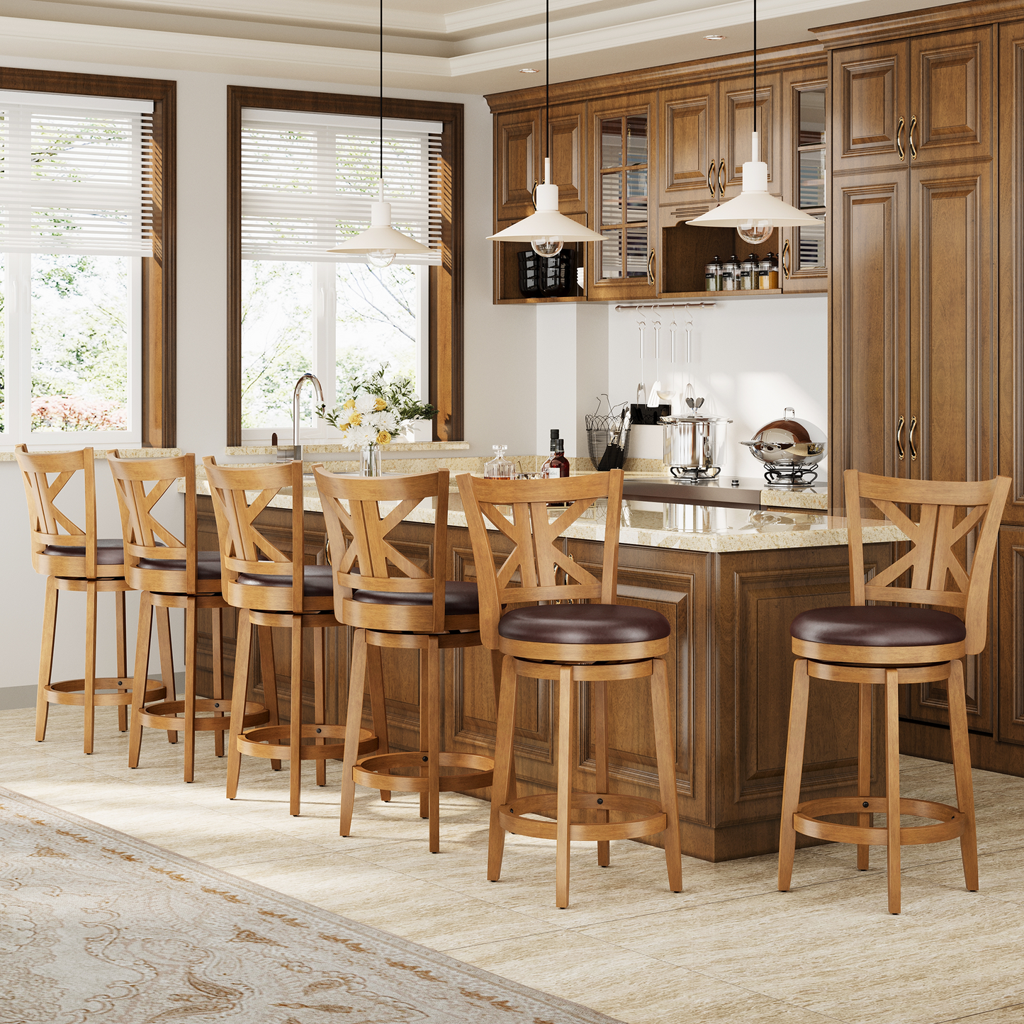 Captiva Designs Counter & Bar Height Swivel Bar Stools with Faux Leather Upholstered Seat & Rubberwood Frame & Wrap-Around Footrest