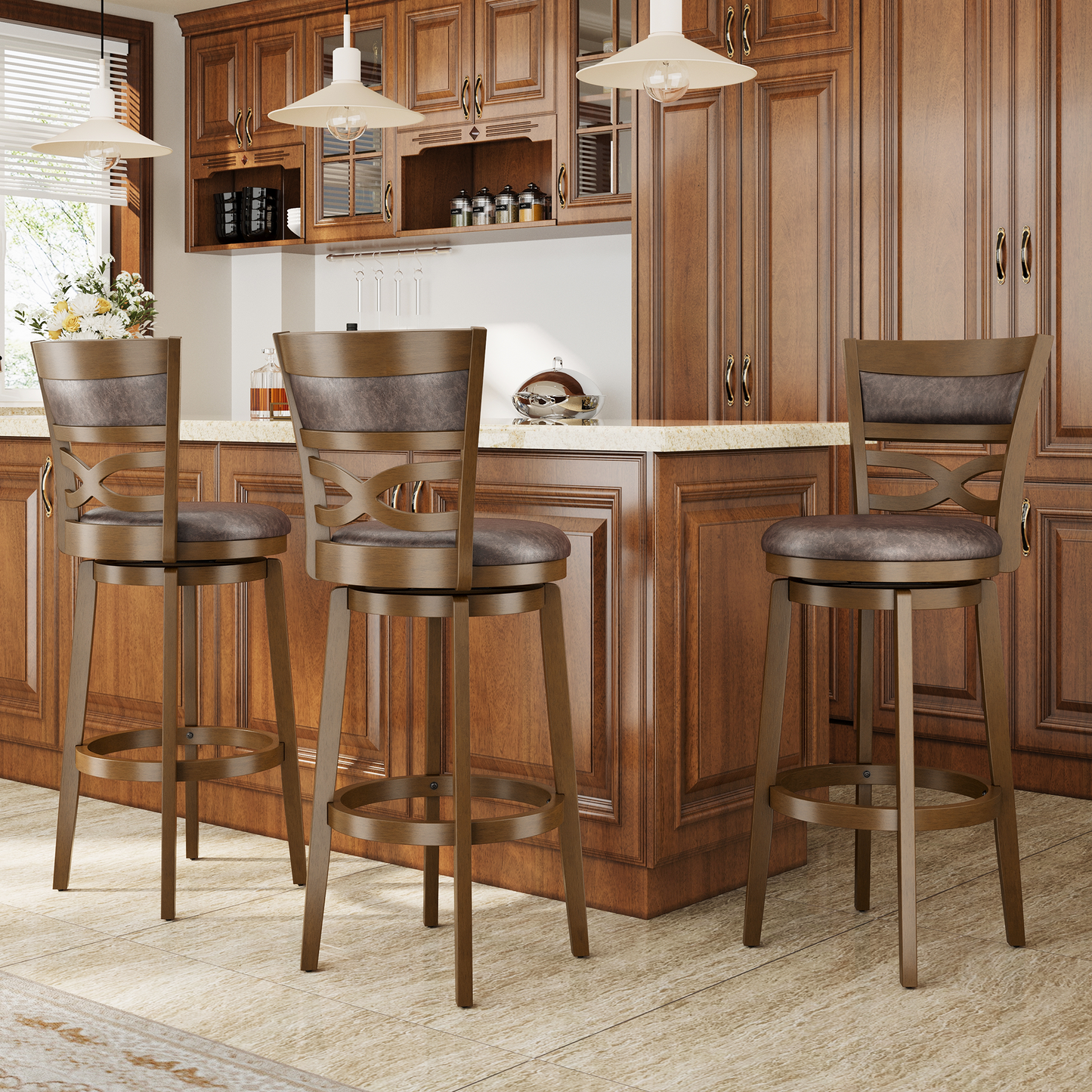 Captiva Designs Counter & Bar Height Swivel Bar Stools with Faux Leather Upholstered Seat & Rubberwood Frame & Wrap-Around Footrest