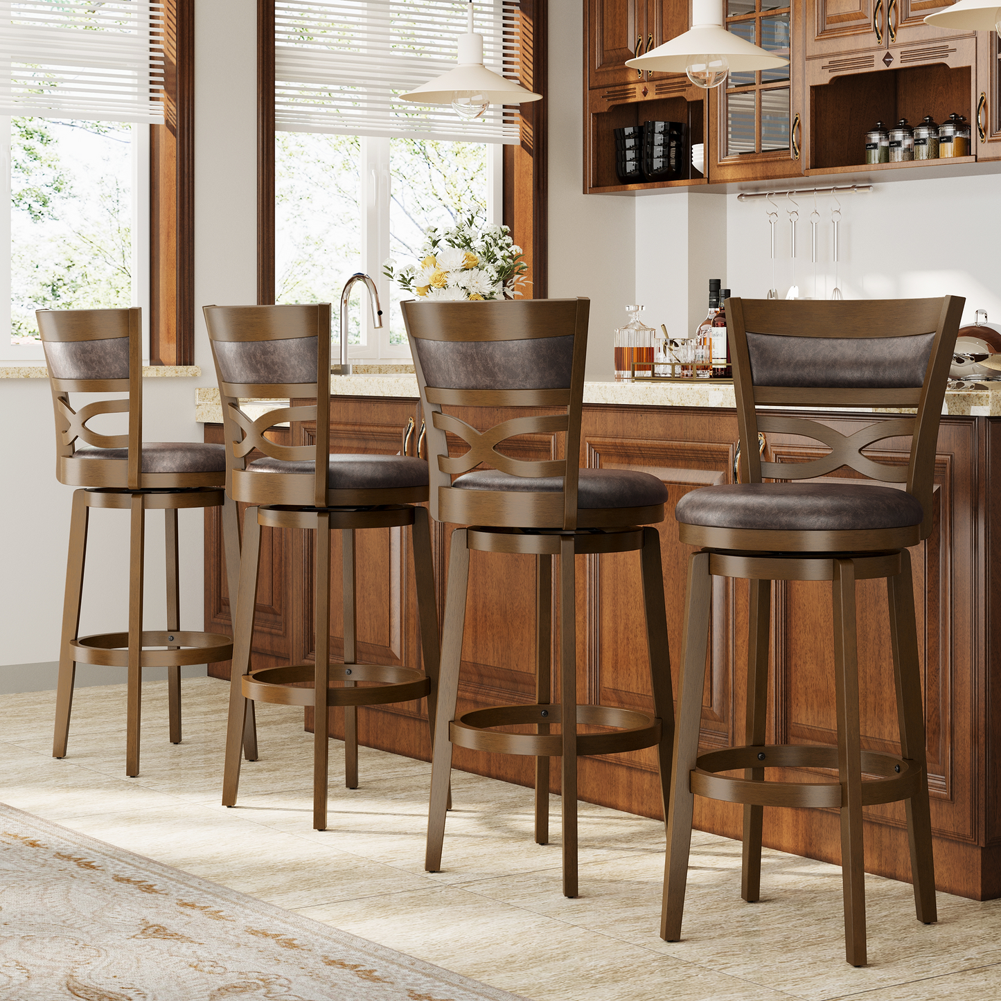 Captiva Designs Counter & Bar Height Swivel Bar Stools with Faux Leather Upholstered Seat & Rubberwood Frame & Wrap-Around Footrest