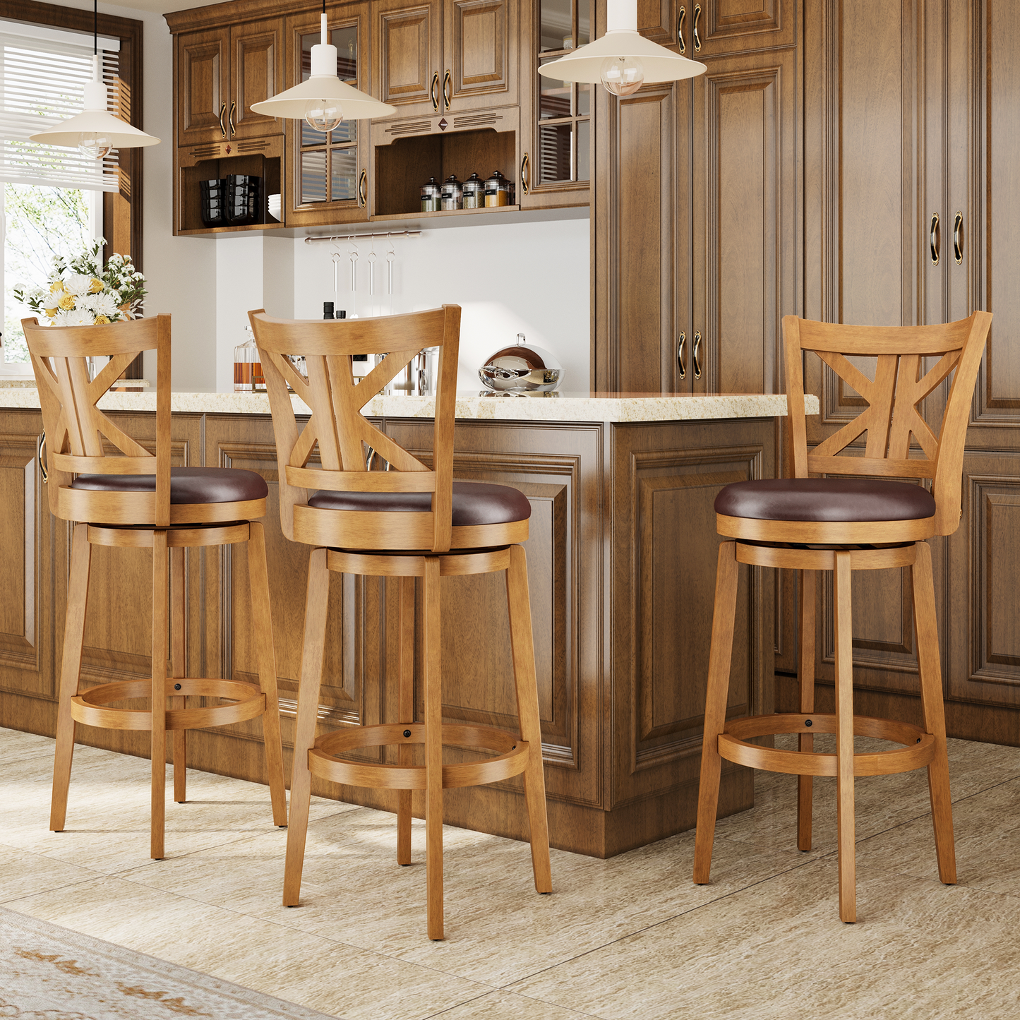 Captiva Designs Counter & Bar Height Swivel Bar Stools with Faux Leather Upholstered Seat & Rubberwood Frame & Wrap-Around Footrest