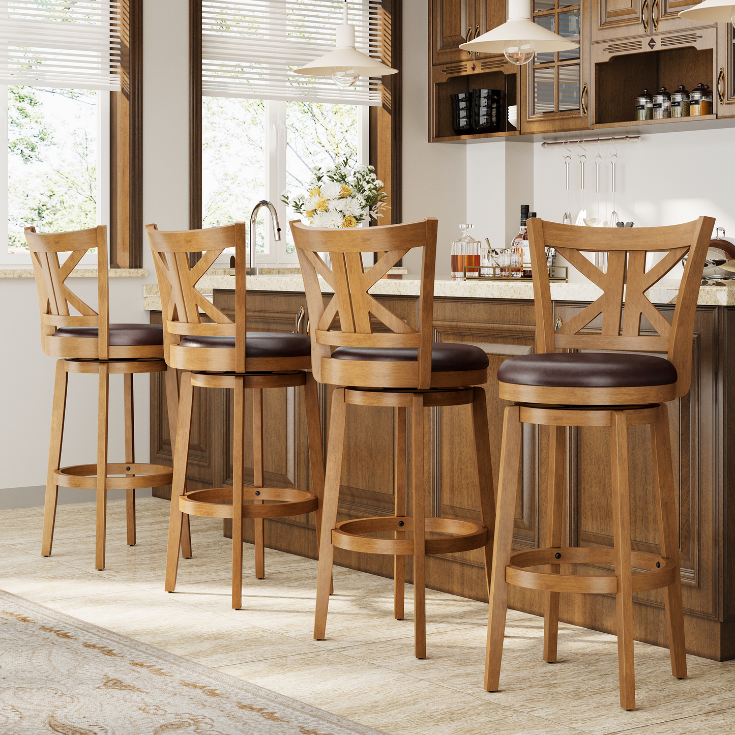 Captiva Designs Counter & Bar Height Swivel Bar Stools with Faux Leather Upholstered Seat & Rubberwood Frame & Wrap-Around Footrest