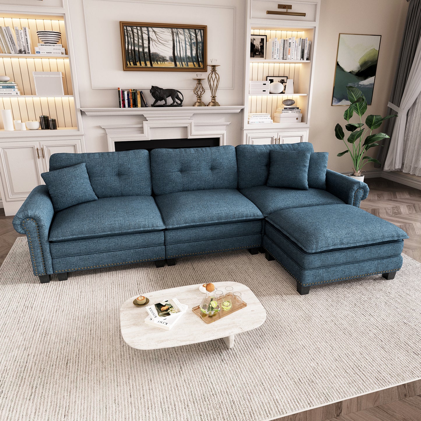 Captiva Designs Upholstered Indoor Sofa with Ottoman, Solid Wood Frame, Pocket Spring Seat & Throw Pillows