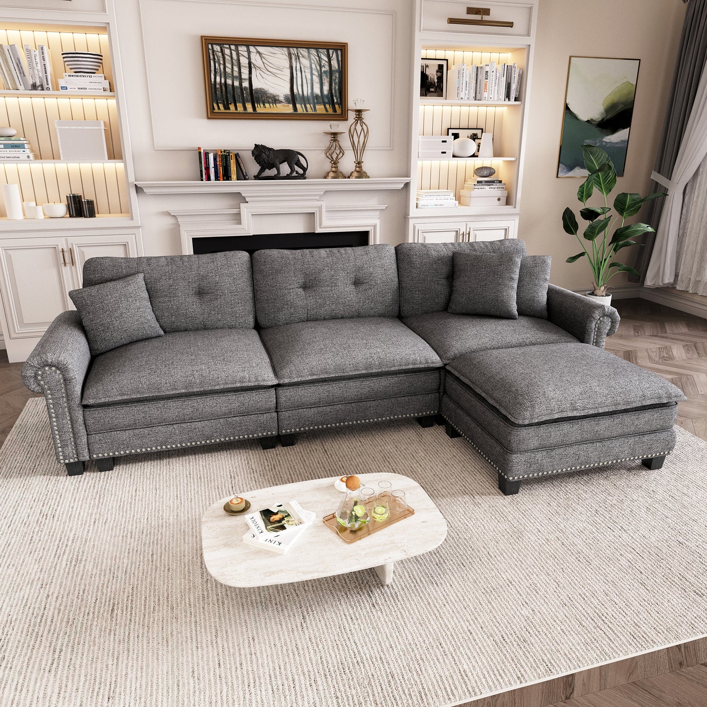 Captiva Designs Upholstered Indoor Sofa with Ottoman, Solid Wood Frame, Pocket Spring Seat & Throw Pillows