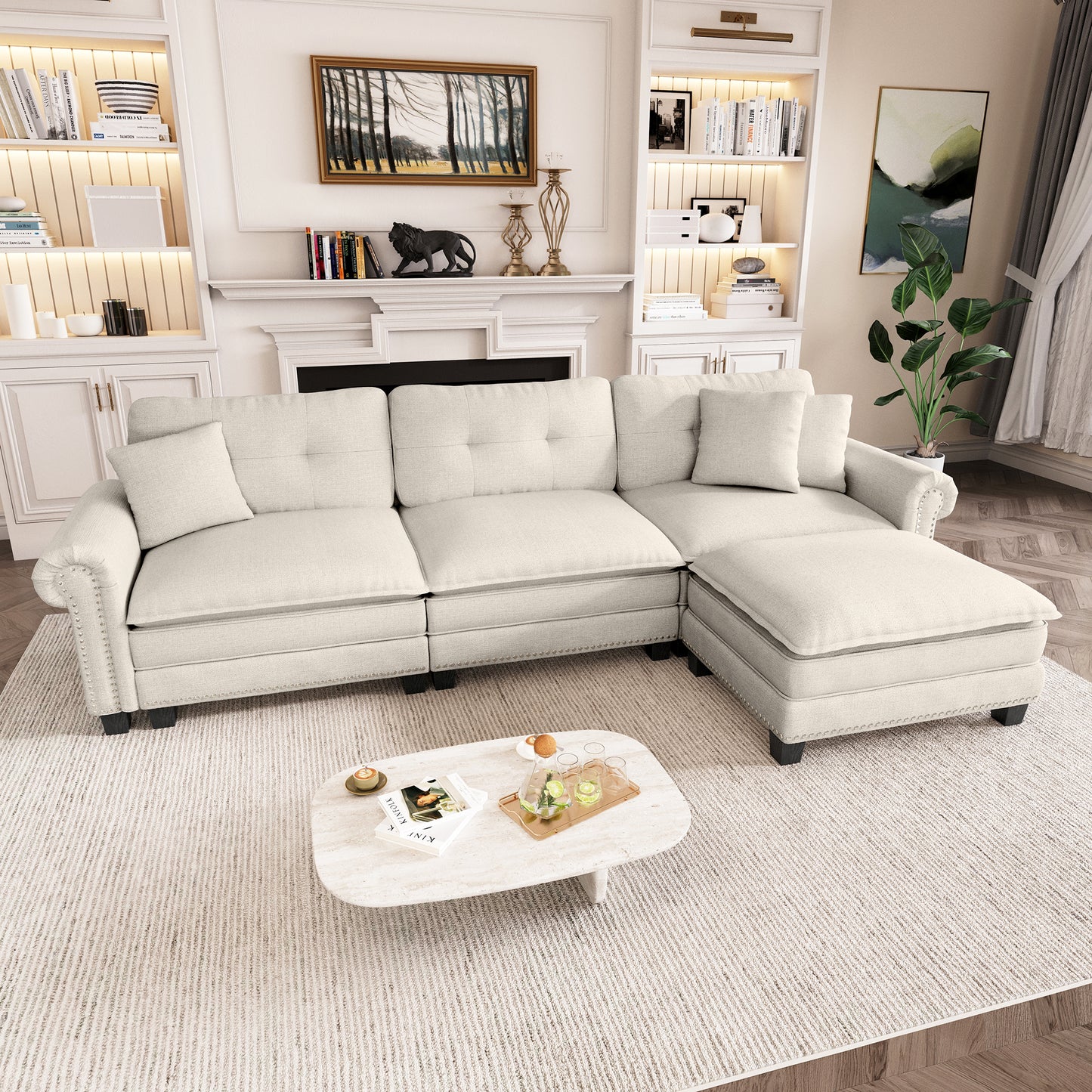 Captiva Designs Upholstered Indoor Sofa with Ottoman, Solid Wood Frame, Pocket Spring Seat & Throw Pillows