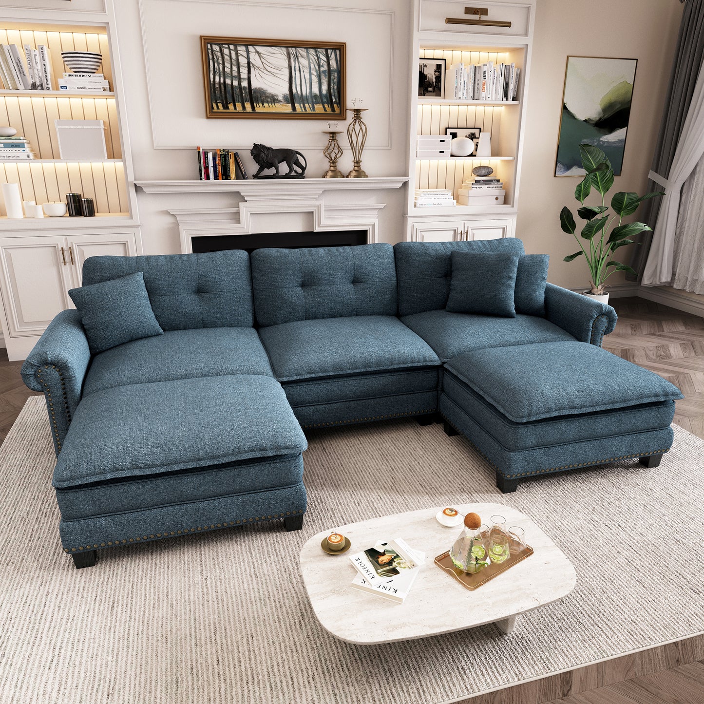 Captiva Designs Upholstered Indoor Sofa with Ottoman, Solid Wood Frame, Pocket Spring Seat & Throw Pillows