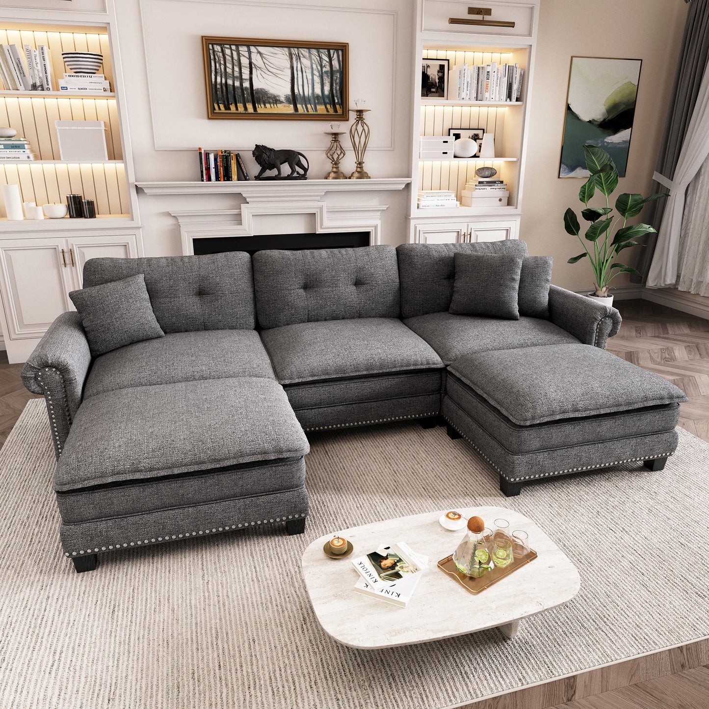 Captiva Designs Upholstered Indoor Sofa with Ottoman, Solid Wood Frame, Pocket Spring Seat & Throw Pillows