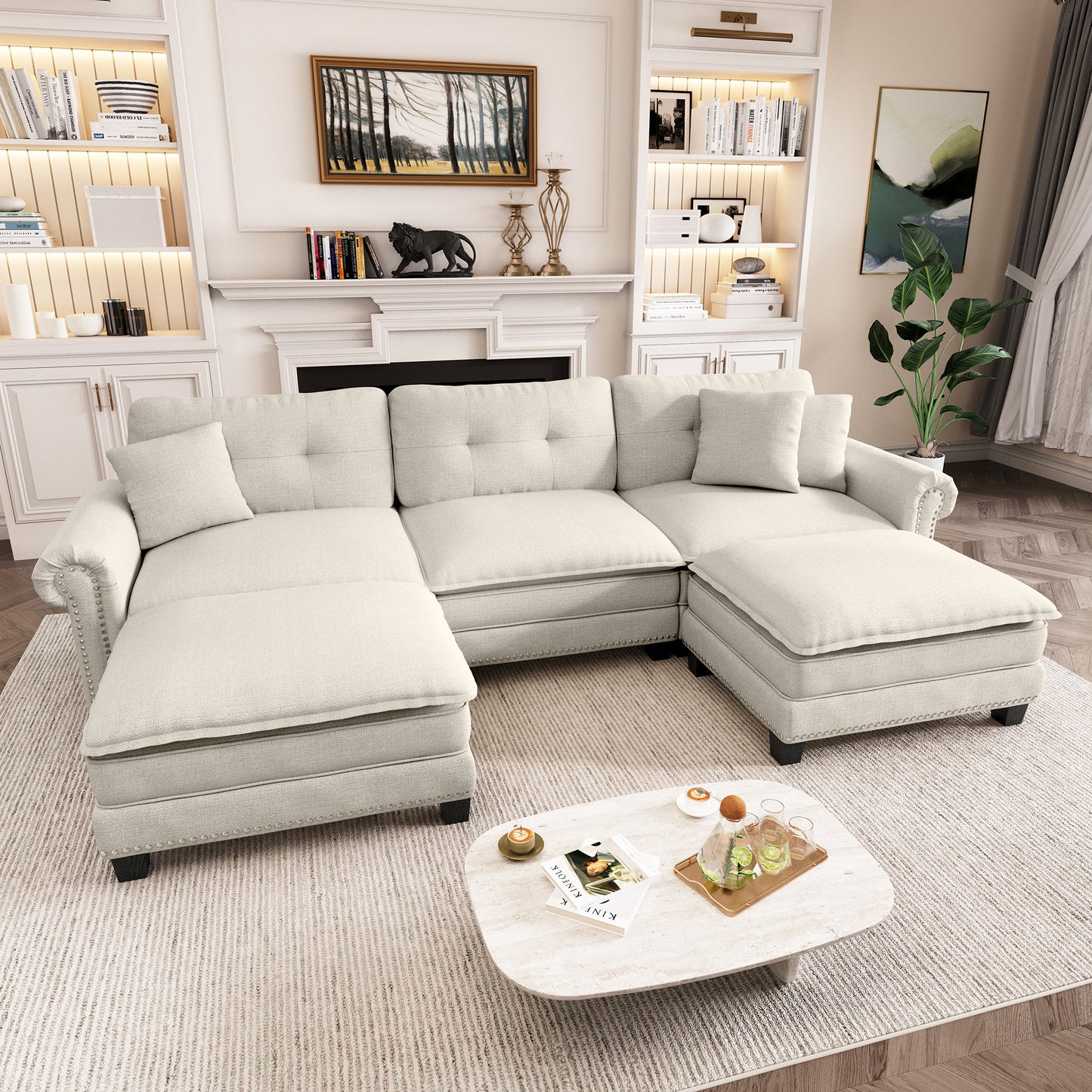 Captiva Designs Upholstered Indoor Sofa with Ottoman, Solid Wood Frame, Pocket Spring Seat & Throw Pillows