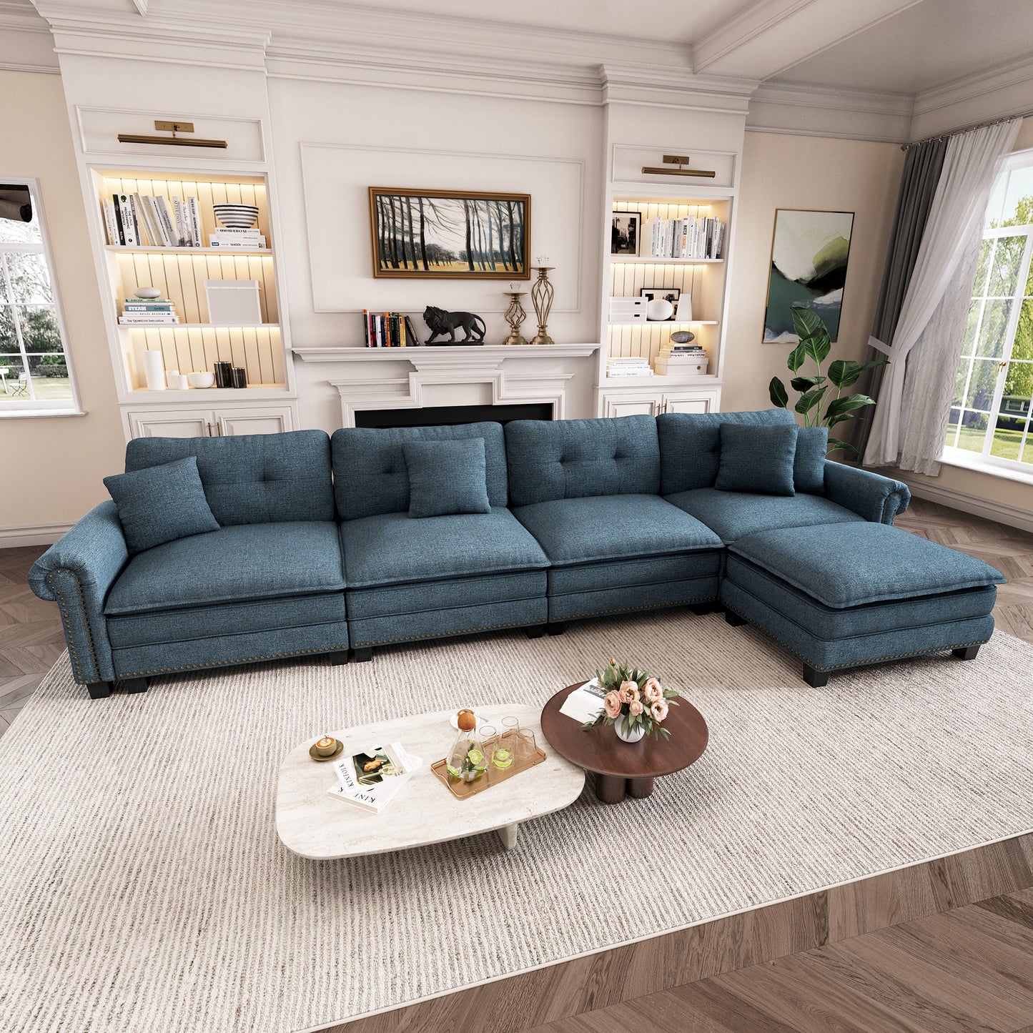 Captiva Designs Upholstered Indoor Sofa with Ottoman, Solid Wood Frame, Pocket Spring Seat & Throw Pillows