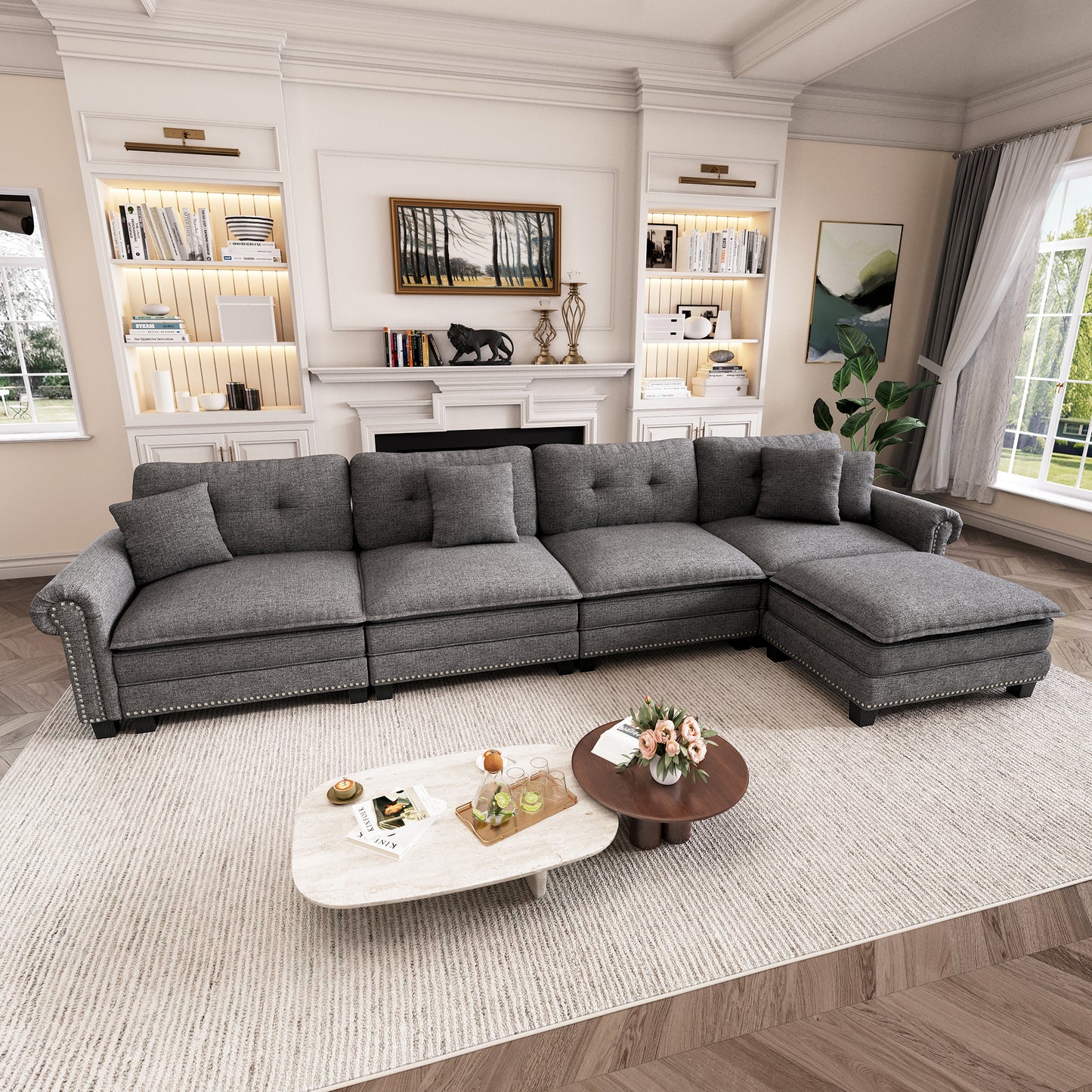 Captiva Designs Upholstered Indoor Sofa with Ottoman, Solid Wood Frame, Pocket Spring Seat & Throw Pillows