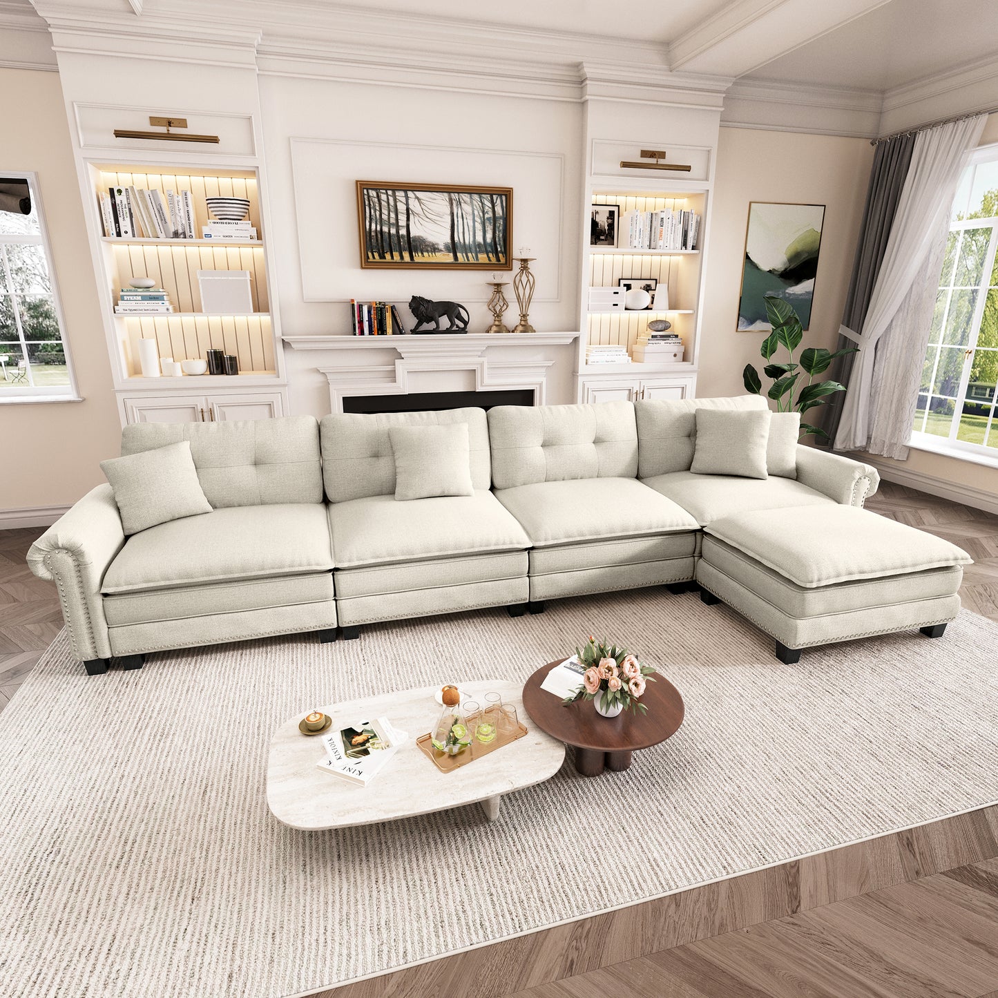 Captiva Designs Upholstered Indoor Sofa with Ottoman, Solid Wood Frame, Pocket Spring Seat & Throw Pillows