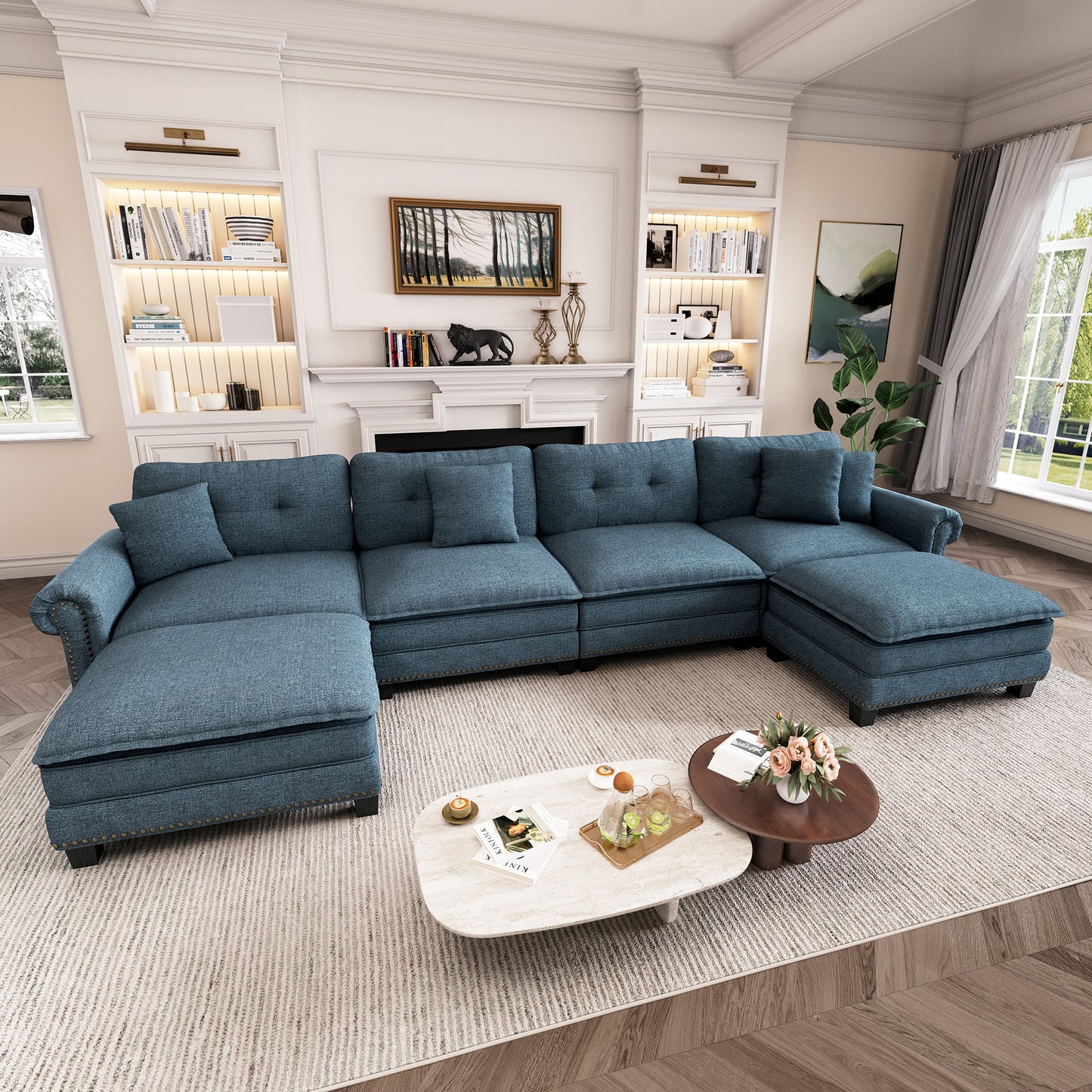 Captiva Designs Upholstered Indoor Sofa with Ottoman, Solid Wood Frame, Pocket Spring Seat & Throw Pillows