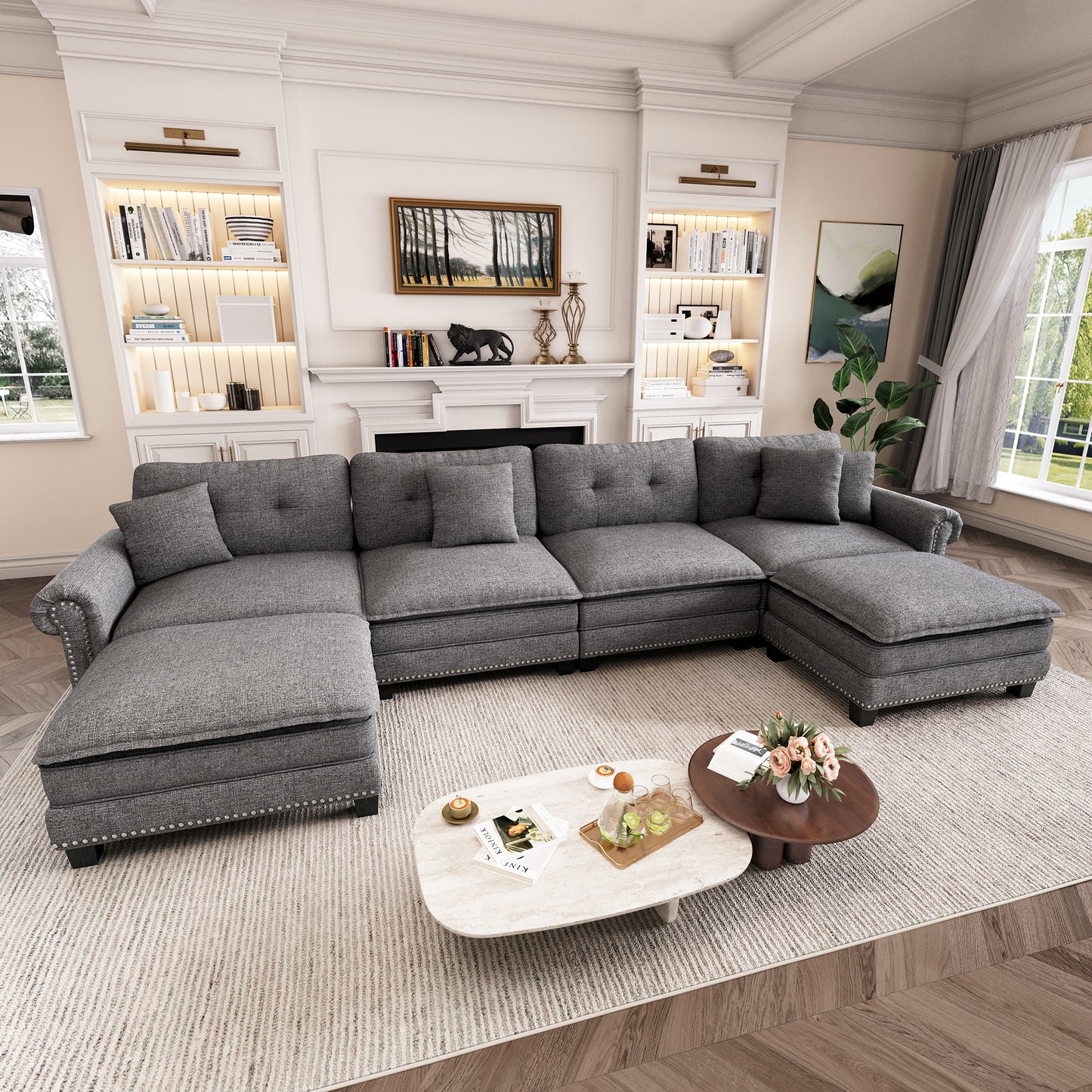 Captiva Designs Upholstered Indoor Sofa with Ottoman, Solid Wood Frame, Pocket Spring Seat & Throw Pillows