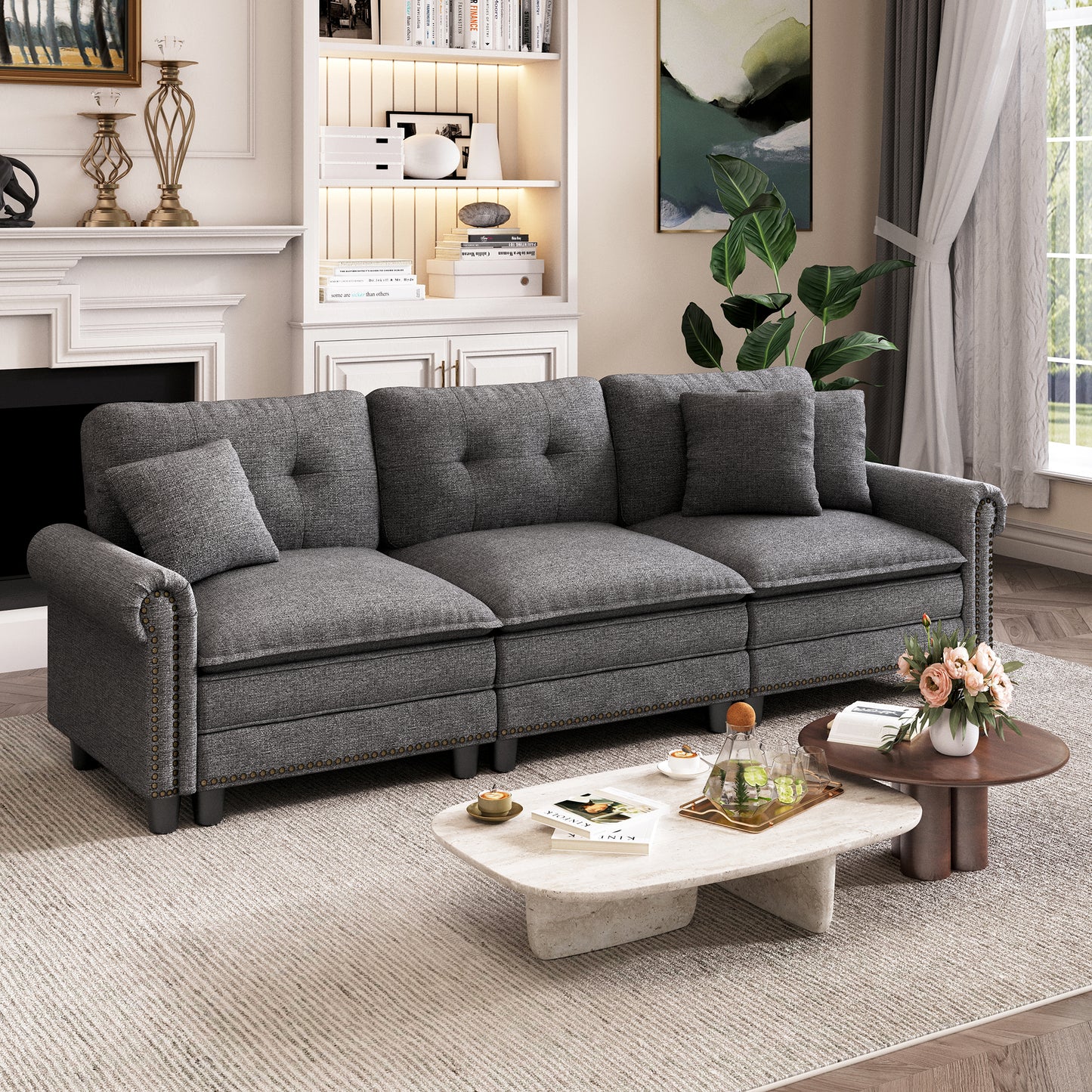 Captiva Designs Mid-Century Modern Modular Cloud Couch with Ottoman, Deep Seat Sectional Sofa with Throw Pillows