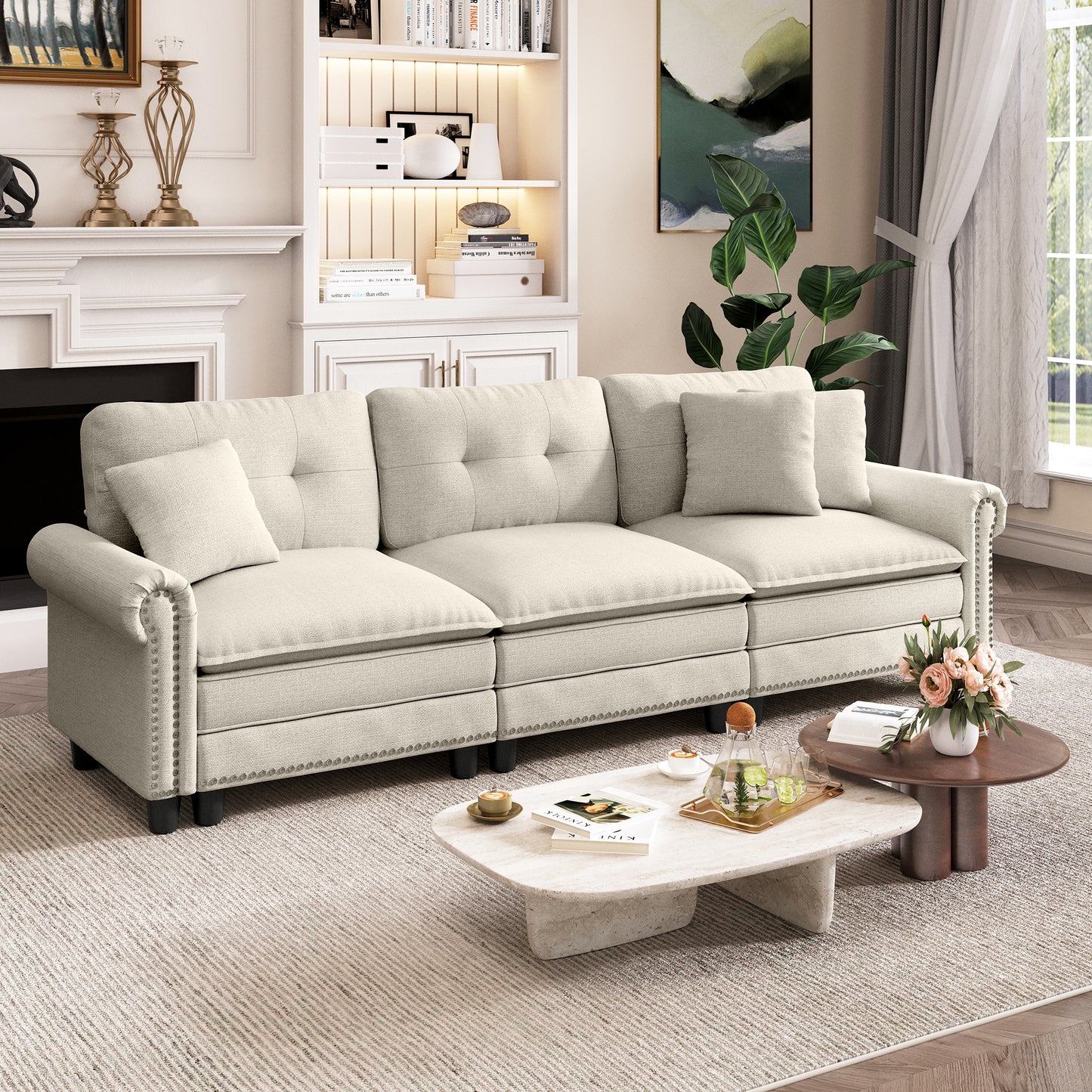 Captiva Designs Mid-Century Modern Modular Cloud Couch with Ottoman, Deep Seat Sectional Sofa with Throw Pillows