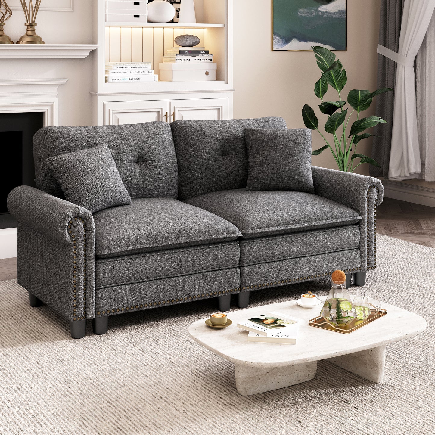 Captiva Designs Mid-Century Modern Modular Cloud Couch with Ottoman, Deep Seat Sectional Sofa with Throw Pillows