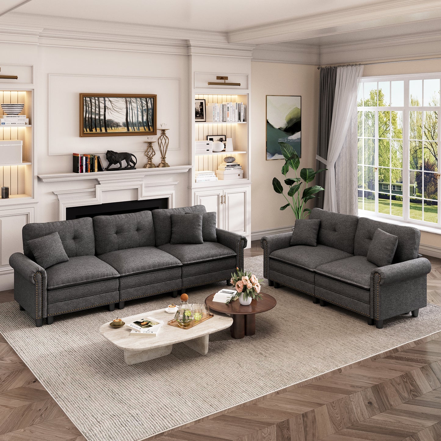 Captiva Designs Mid-Century Modern Modular Cloud Couch with Ottoman, Deep Seat Sectional Sofa with Throw Pillows