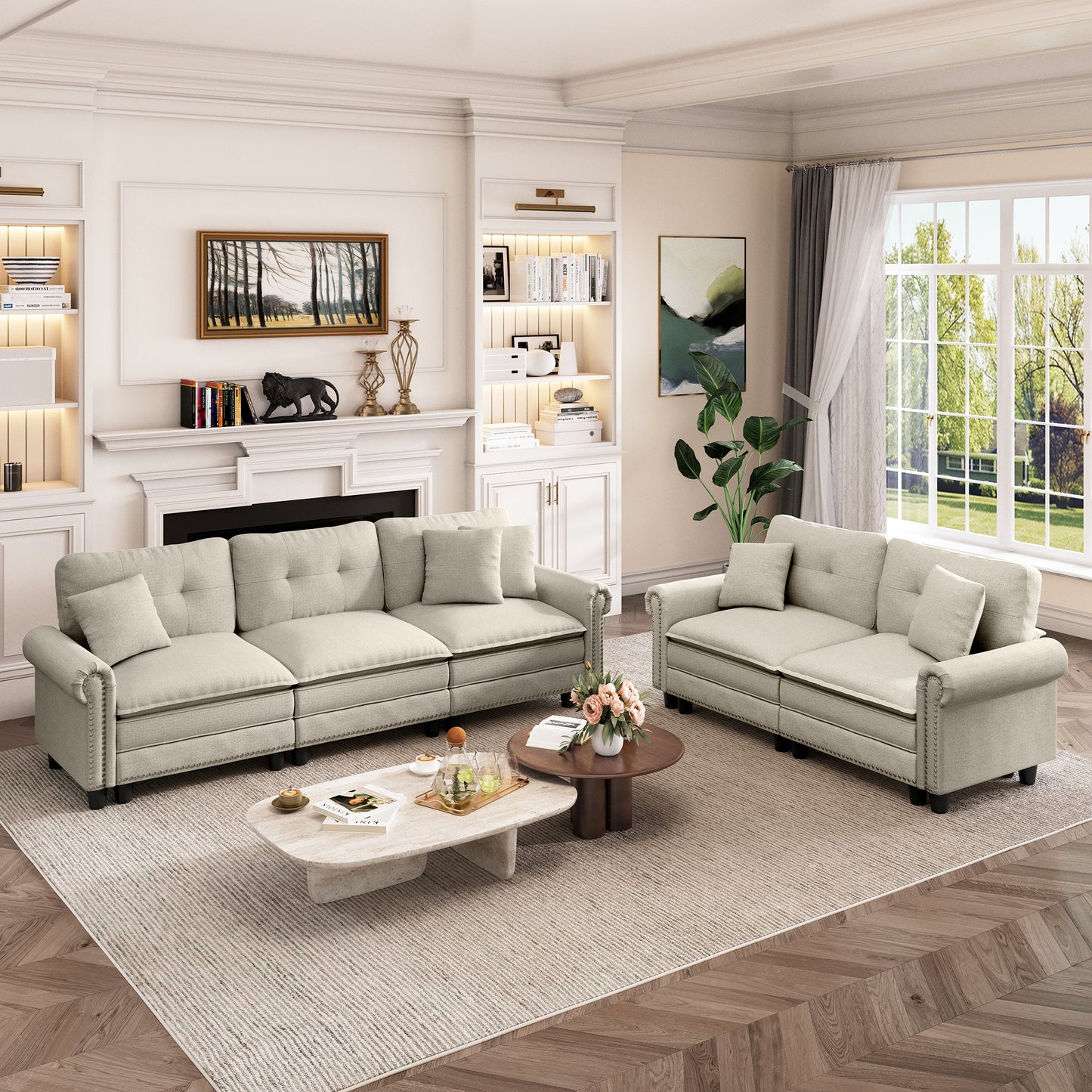 Captiva Designs Mid-Century Modern Modular Cloud Couch with Ottoman, Deep Seat Sectional Sofa with Throw Pillows