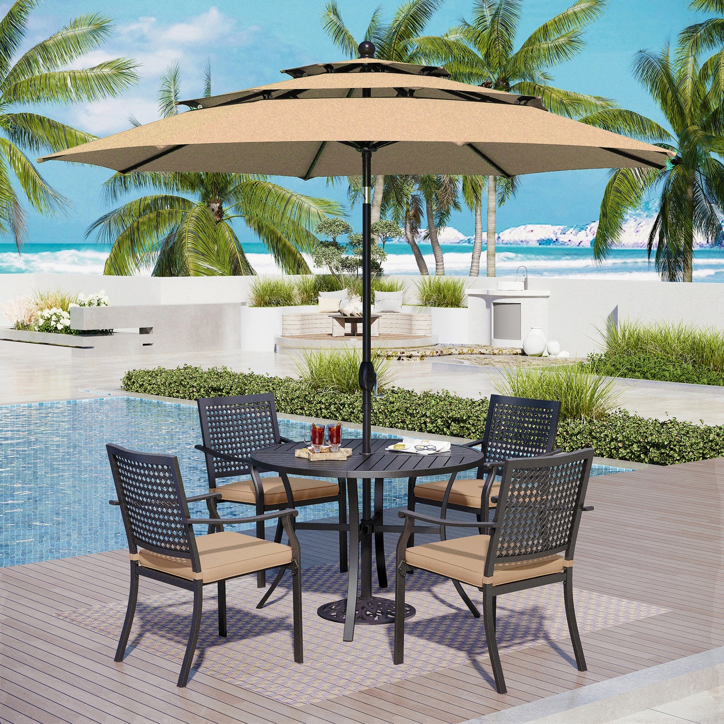 Captiva Designs 1 件户外木质板条顶钢餐桌，带伞孔