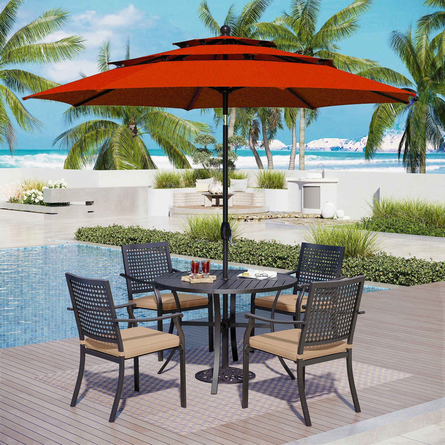 Captiva Designs 6pc Outdoor Slat-top Round Metal Dining Table & Stackable Metal Chairs & Market Umbrella