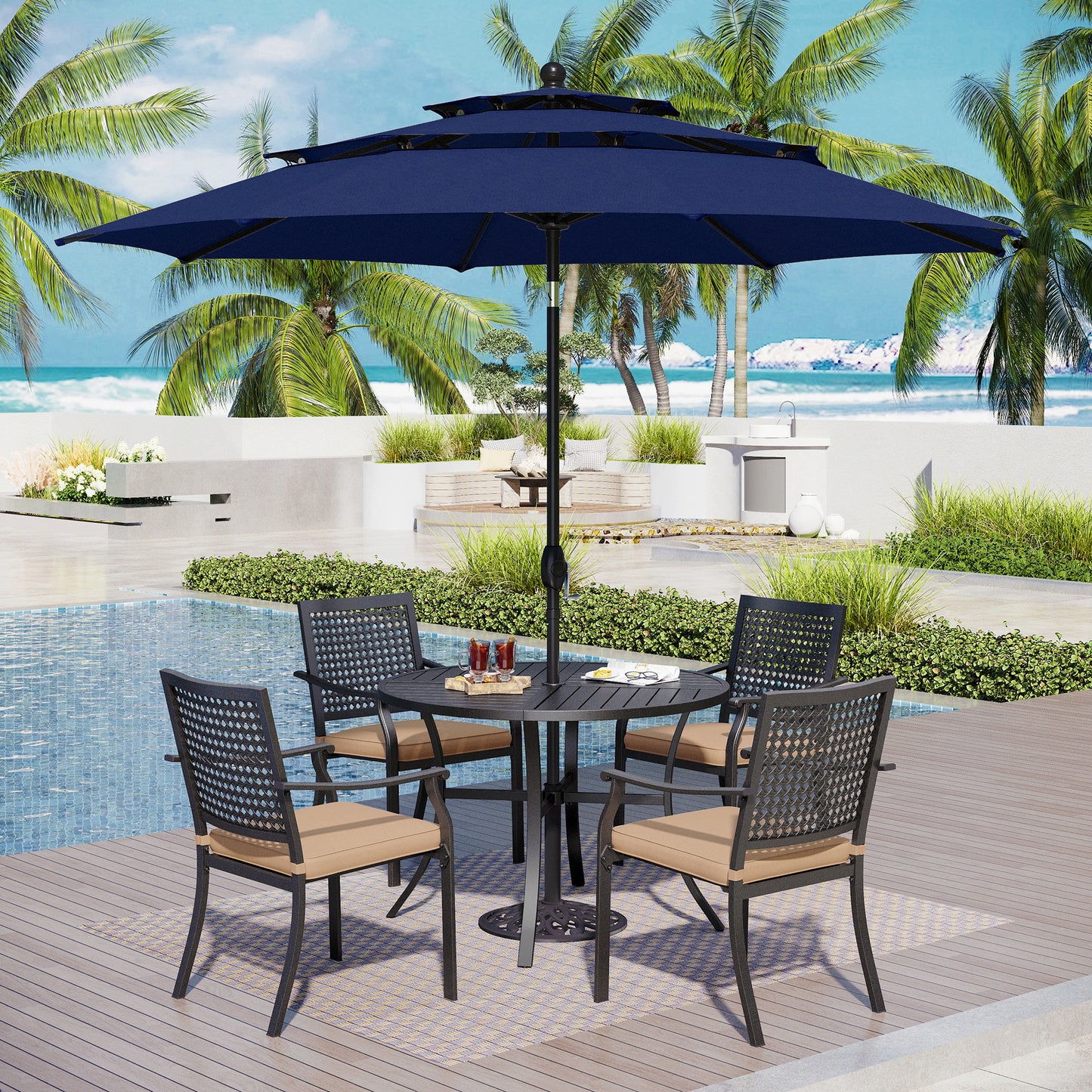 Captiva Designs 1 件户外棕色木质长方形金属餐桌，带伞孔