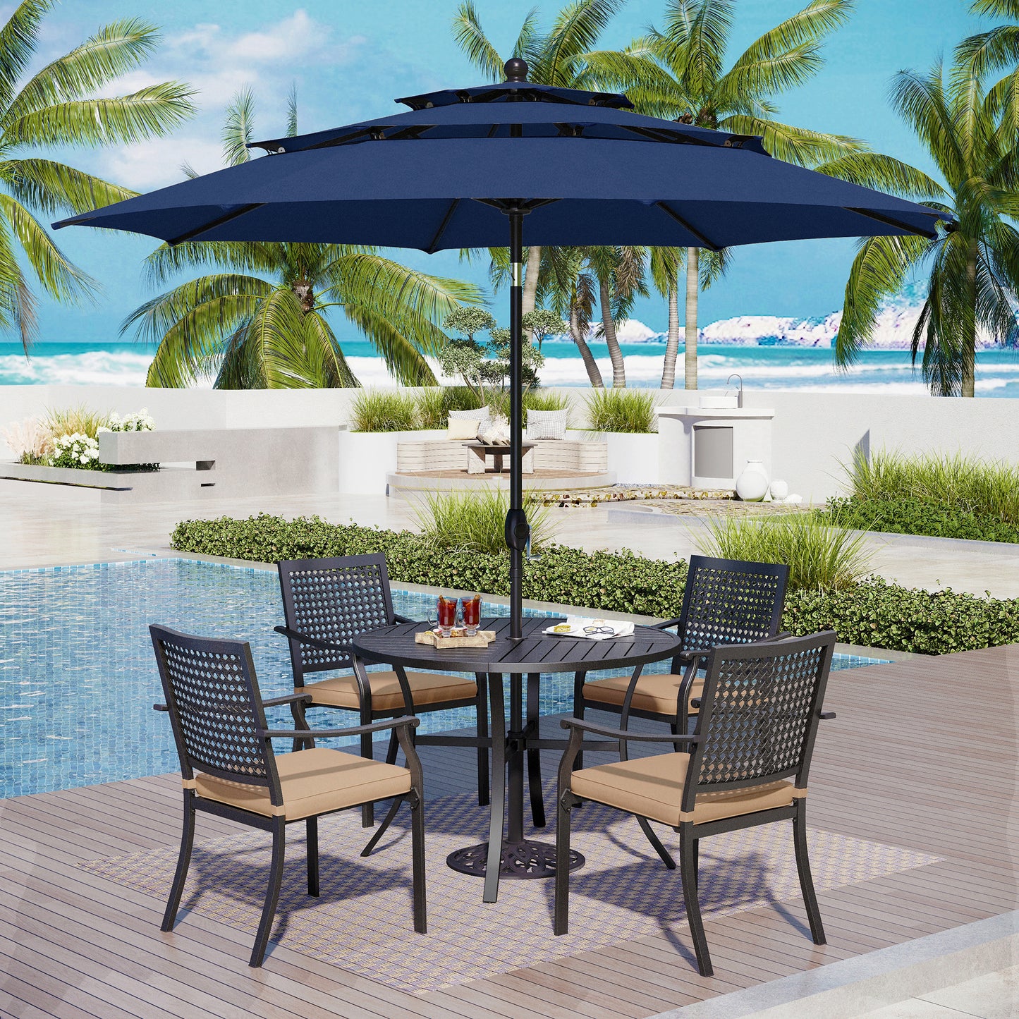Captiva Designs 6pc Outdoor Slat-top Round Metal Dining Table & Stackable Metal Chairs & Market Umbrella