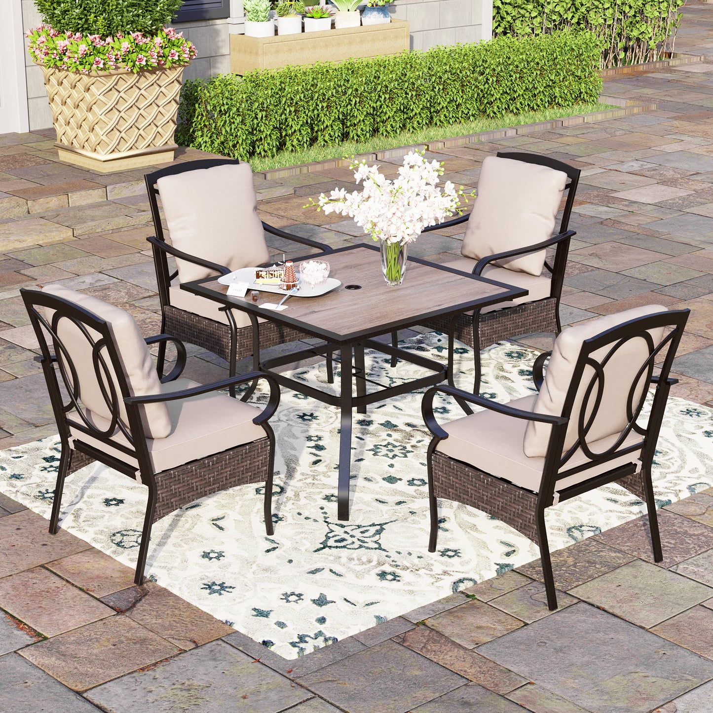 Captiva Designs 5pc Outdoor Patio Metal Dining Table & Rattan Chairs with Removable Cushions