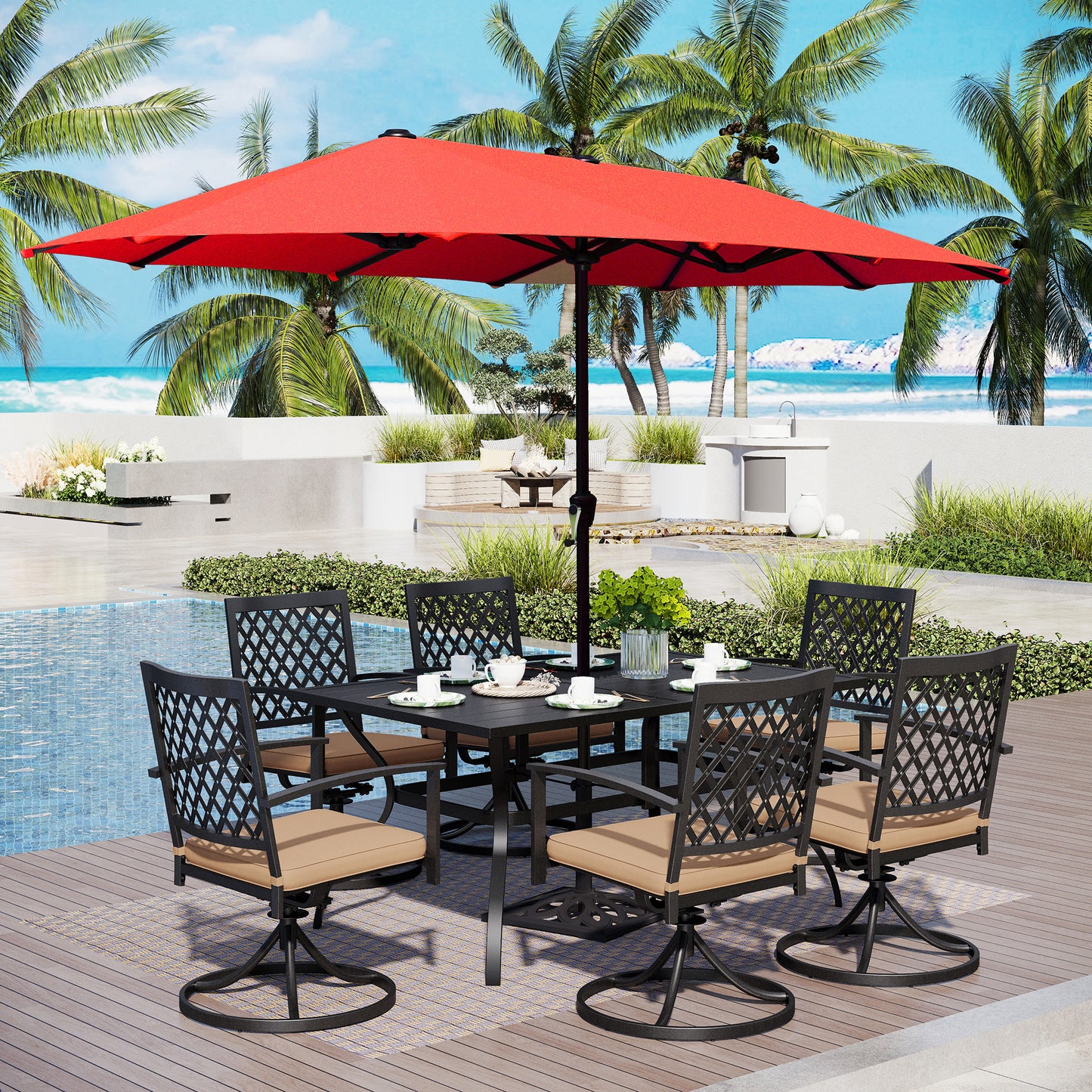 Captiva Designs 8pc Outdoor Rectangular Steel Dining Table & Black Steel Chairs & Market Umbrella