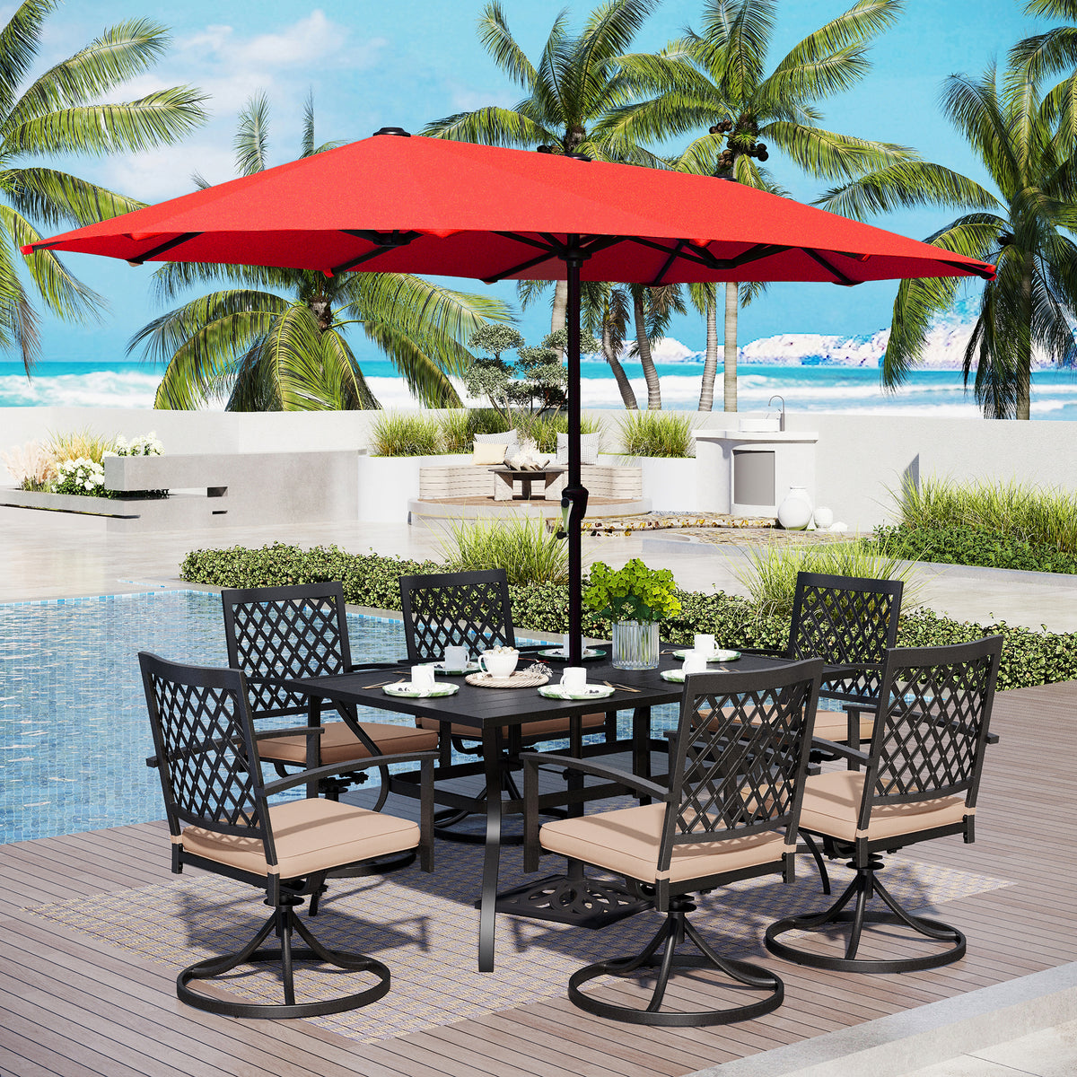 Captiva Designs 8pc Outdoor Rectangular Steel Dining Table & Black Steel Chairs & Market Umbrella