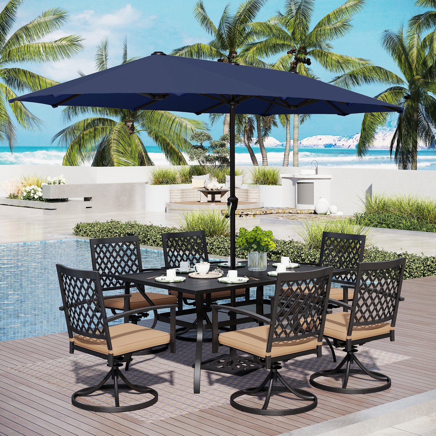 Captiva Designs 8pc Outdoor Rectangular Steel Dining Table & Black Steel Chairs & Market Umbrella